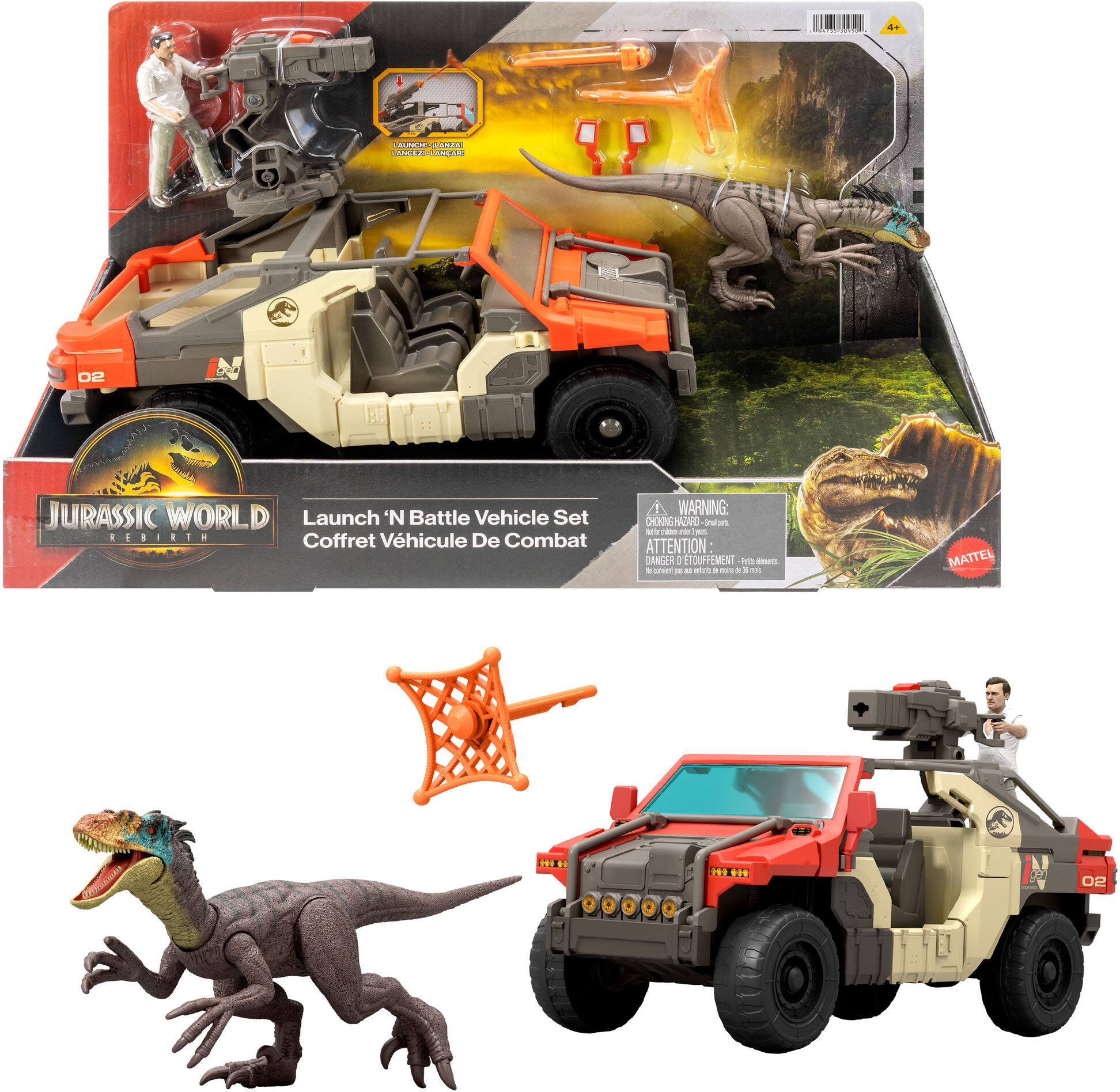 Jurassic World  
Launch 'N Battle Vehicle Set  
Coffret Véhicule De Combat  

WARNING: CHOKING HAZARD - Small parts. Not for children under 3 years.  
ATTENTION DANGER - Petite pièce. Ne convient pas aux enfants de moins de 3 ans.  

MATTEL