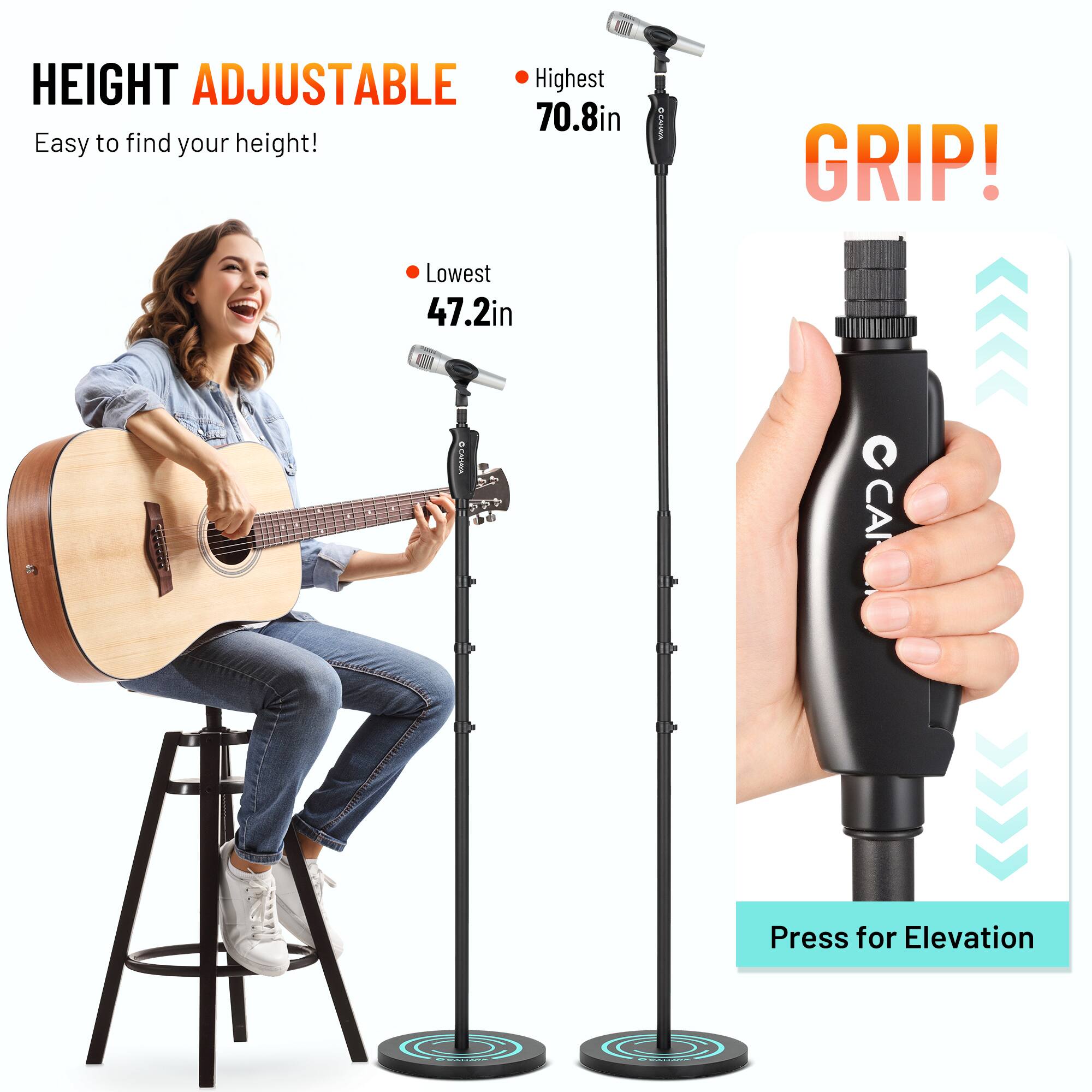 HEIGHT ADJUSTABLE  
Easy to find your height!  

Highest 70.8in  
Lowest 47.2in  

GRIP!  

Press for Elevation