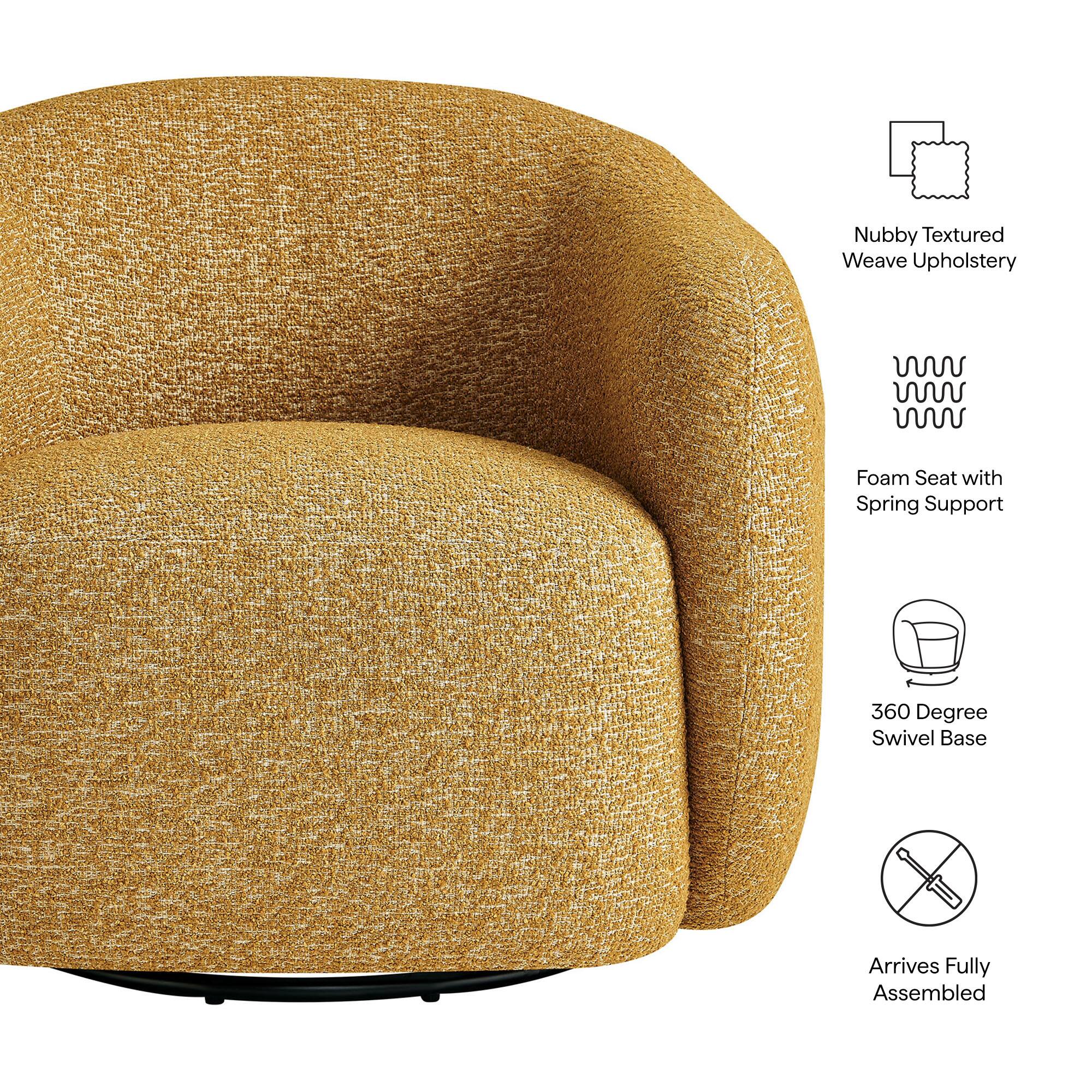 Nubby Textured Weave Upholstery  
Foam Seat with Spring Support  
360 Degree Swivel Base  
Arrives Fully Assembled