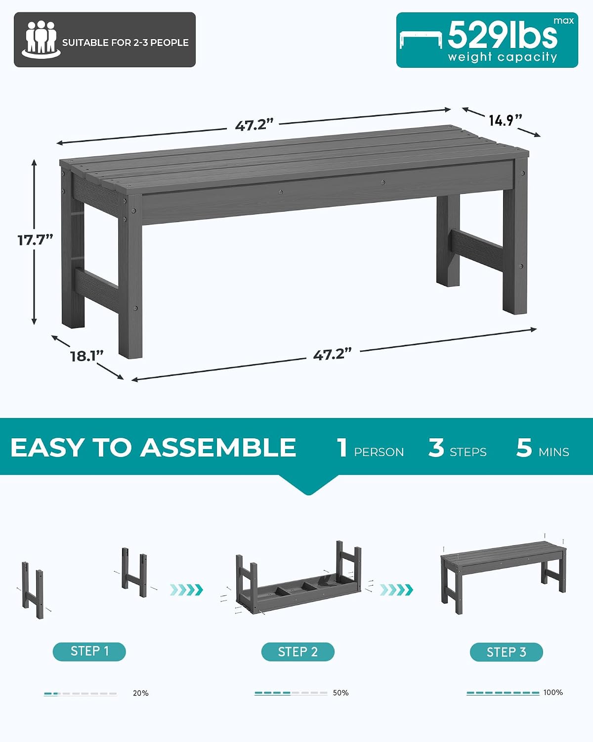 SERWALL 47 Inches Backless Outdoor Bench for 2 Person, All Weather HDPE ...