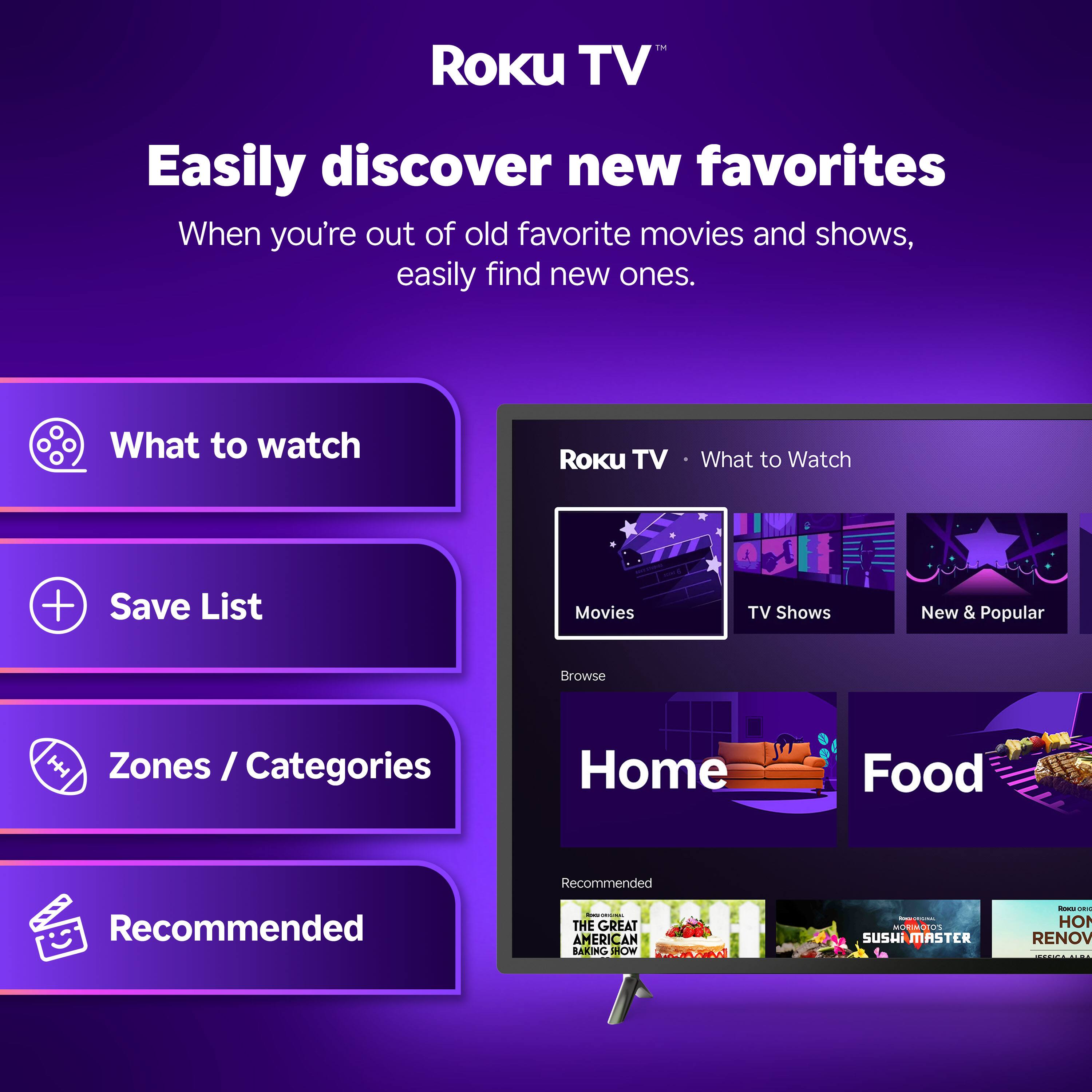 Roku TV™

Easily discover new favorites

When you're out of old favorite movies and shows, easily find new ones.

What to watch
Save List
Zones / Categories
Recommended

Roku TV • What to Watch

Movies
TV Shows
New & Popular

Browse

Home
Food

Recommended

THE GREAT AMERICAN BAKING SHOW
SUSHI MASTER
HOME RENOV