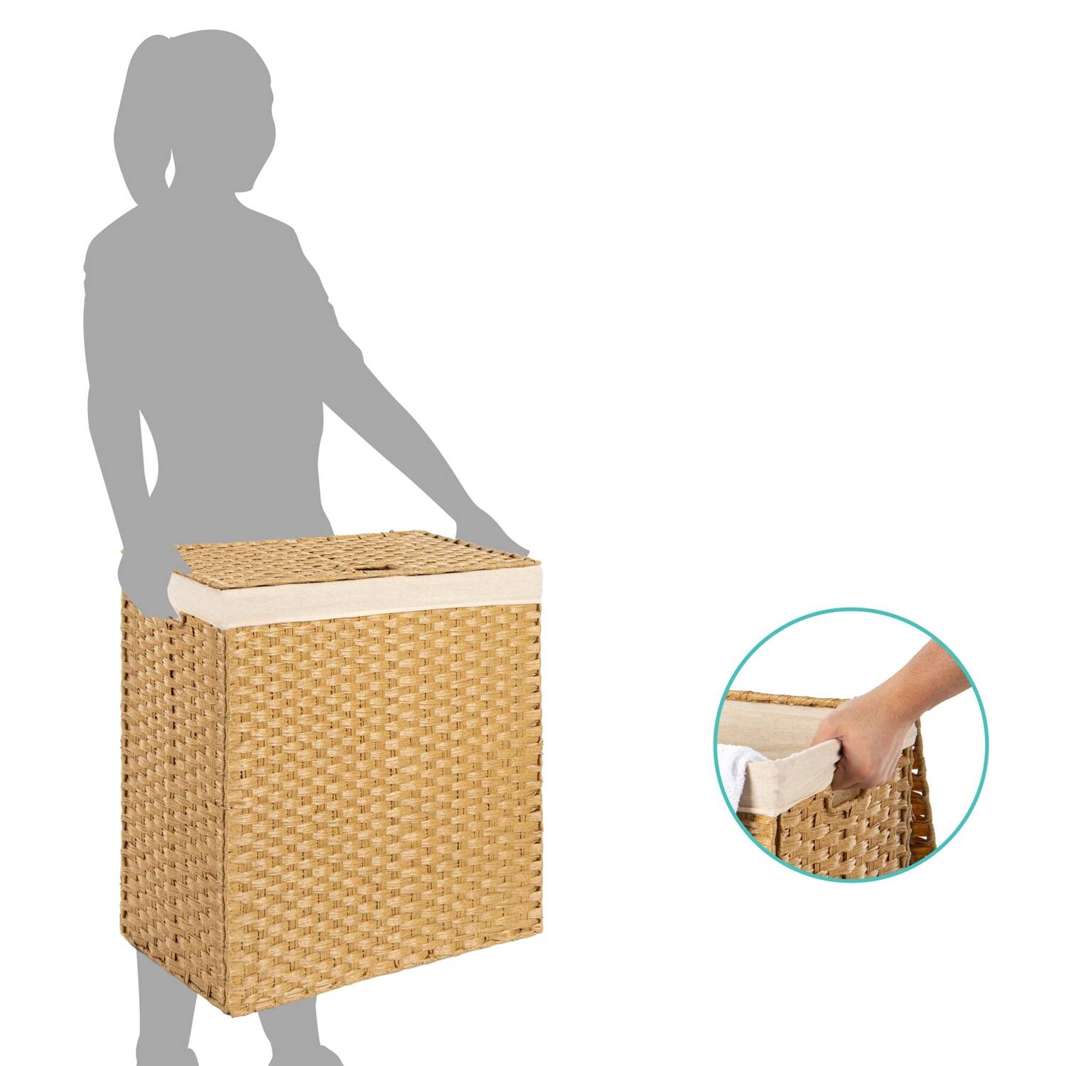 Angle. Hivvago - Folding 2-Bin Natural PE Wicker Linen Liner Laundry Hamper w/ Handles - Natural.