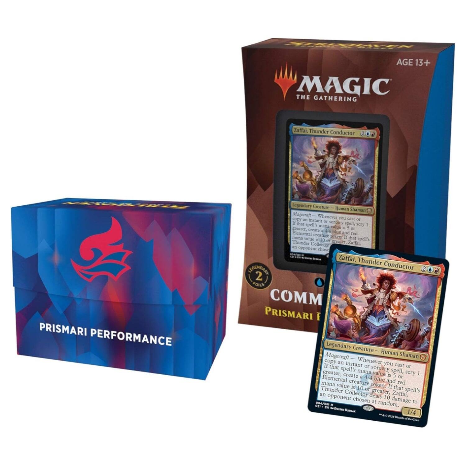 SIIAVEN AGE 13+ MAGIC THE GATHERING Zaffai, Thunder Conductor HINIWIS PRISMARI PERFORMANCE Legredary Creature Human Shaman Whenever you copy an instant or sorcery spell's mana value is 5 or greater, create a 4/4 Elemental red creature token and scry 1. Mana value is 5 or greater, create a 4/4 Elemental blue creature token and red mana value is 5 or greater, create a 4/4 Elemental red creature token. Whenever you cast that spell, scry 1. Mana value is 5 or greater, create a 4/4 Elemental blue creature token and red mana value is 5 or greater, create a 4/4 Elemental red creature token. Whenever you cast that spell, scry 1. Mana value is 5 or greater, create a 4/4 Elemental blue creature token and red mana value is 5 or greater, create a 4/4 Elemental red creature token. Whenever you cast that spell, scry 1. Mana value is 5 or greater, create a 4/4 Elemental blue creature token and red mana value is 5 or greater, create a 4/4 Elemental red creature