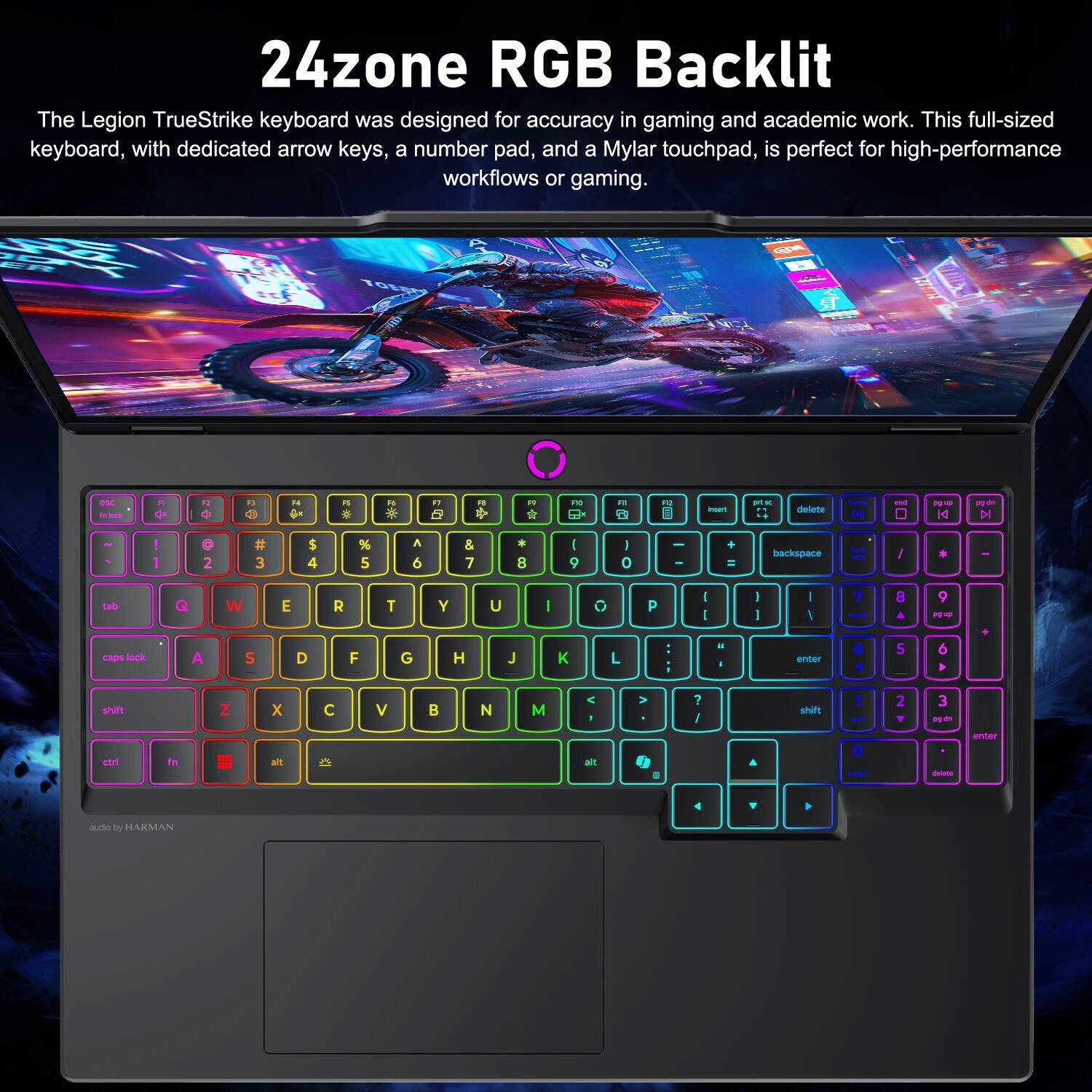 24zone RGB Backlit

The Legion TrueStrike keyboard was designed for accuracy in gaming and academic work. This full-sized keyboard, with dedicated arrow keys, a number pad, and a Mylar touchpad, is perfect for high-performance workflows or gaming.