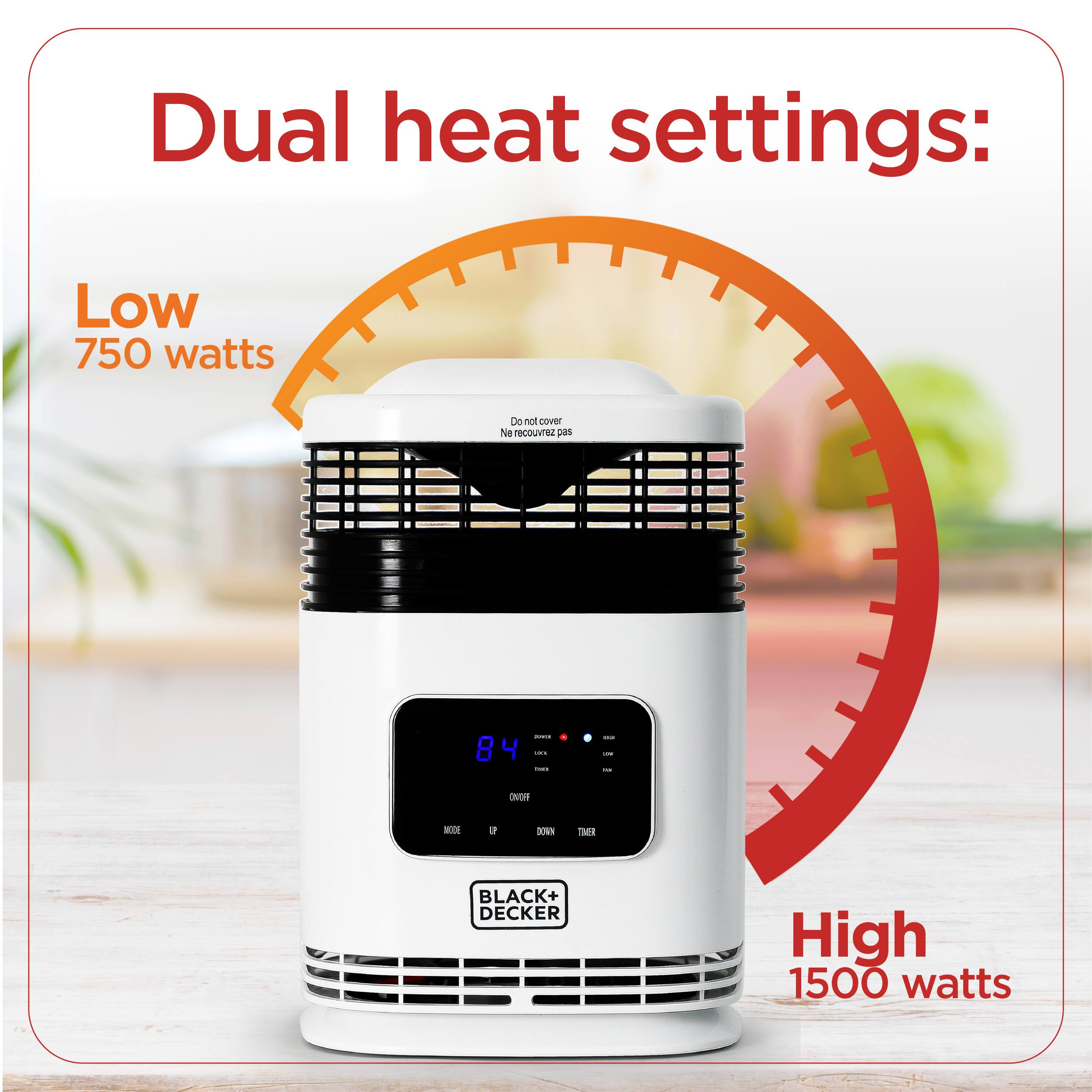 Dual heat settings: Low 750 watts, High 1500 watts.