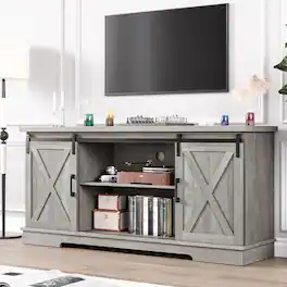 Jojoka - 59" Farmhouse TV Stand for 65 Inch TV, Sliding Barn Doors, Adjustable Shelves & Media Console Storage - Gray