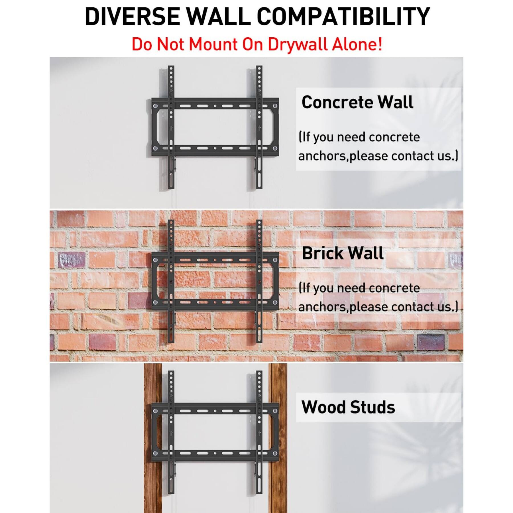 DIVERSE WALL COMPATIBILITY  
Do Not Mount On Drywall Alone!  

Concrete Wall  
(If you need concrete anchors, please contact us.)  

Brick Wall  
(If you need concrete anchors, please contact us.)  

Wood Studs