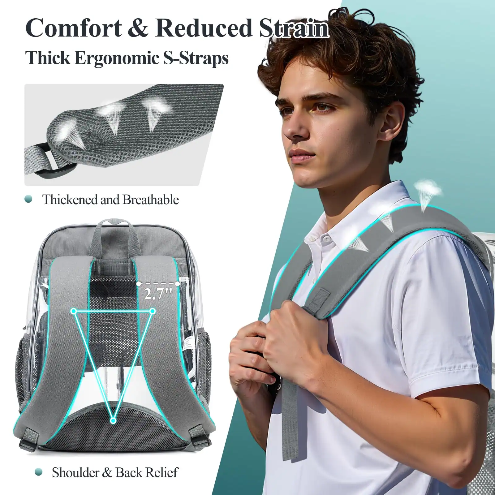Comfort & Reduced Strain  
Thick Ergonomic S-Straps  

- Thickened and Breathable  
- Shoulder & Back Relief  

2.7"