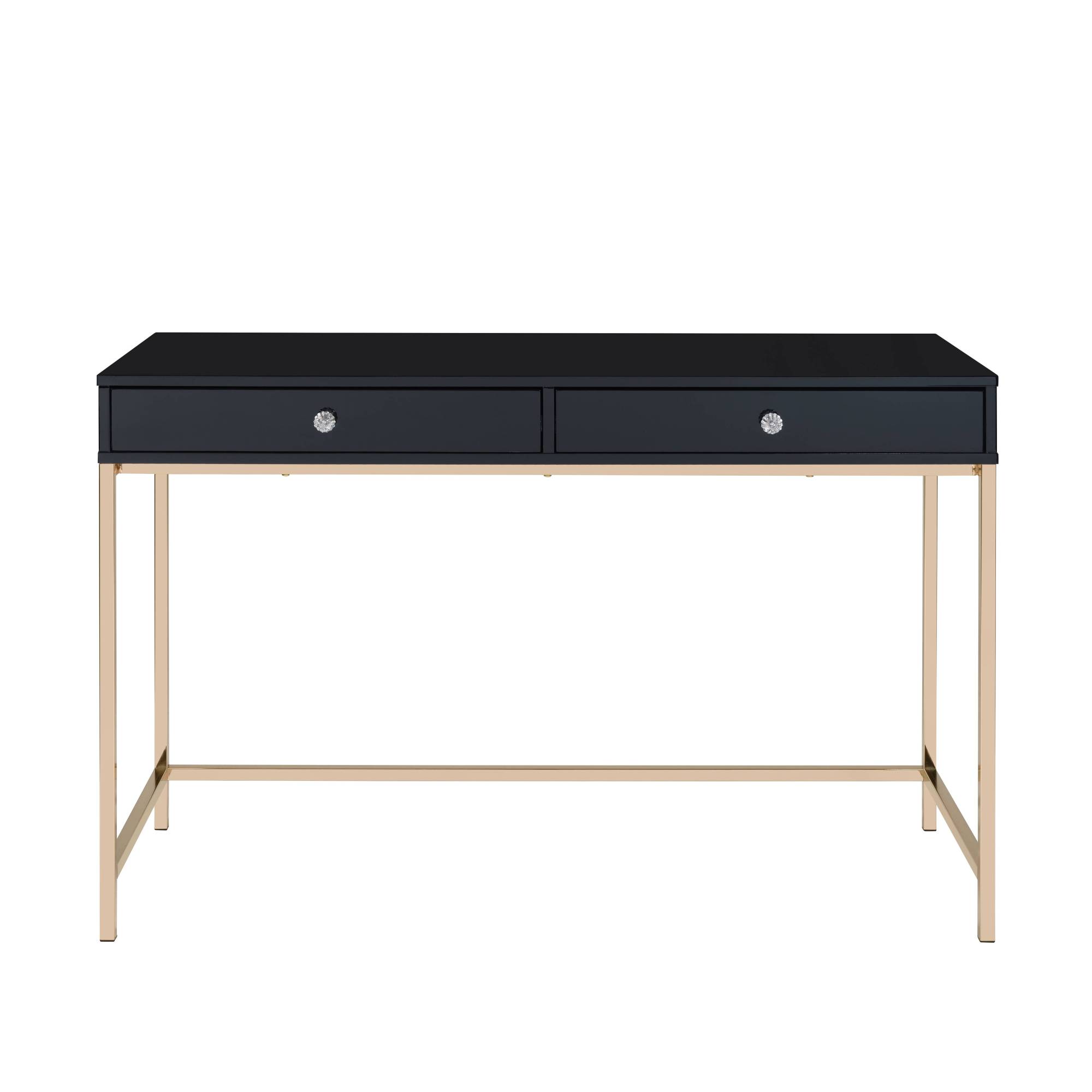 Alt View 1. GOODSILO - Contemporary High Gloss Writing Desk with Metal Base and Two Storage Drawers for Modern Office - Black.