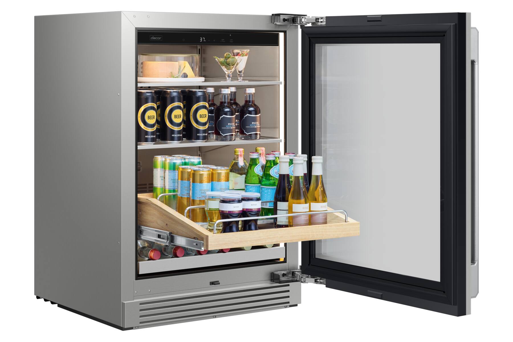 The image shows a refrigerator with its door open, revealing a variety of drinks inside. There are multiple bottles of beer, including some with labels that say "beer" and "mineral water." The refrigerator also contains several wine bottles, indicating a diverse selection of beverages for consumption.