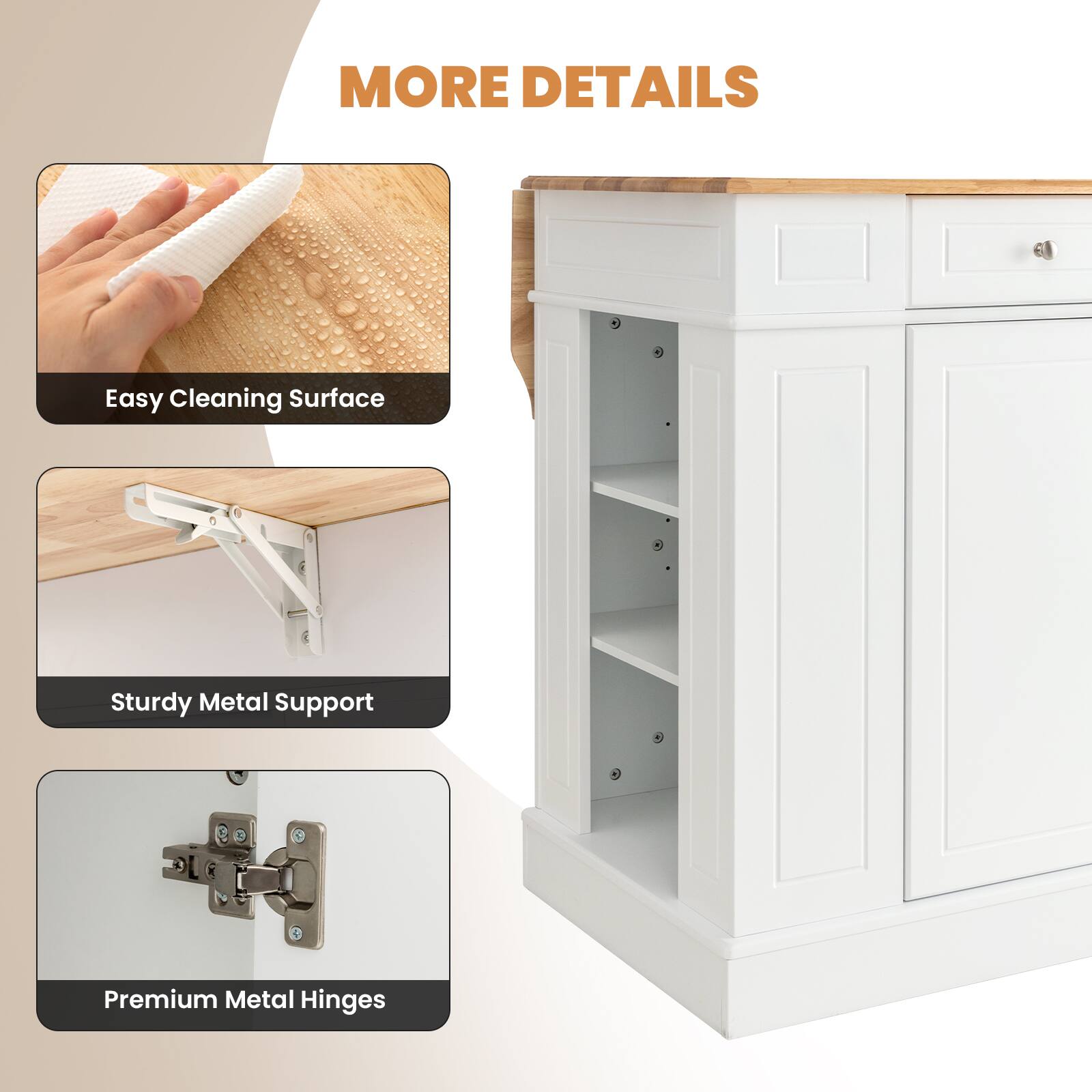 The image features a white cabinet with a wooden countertop. The cabinet has a sturdy metal support and is equipped with premium metal hinges. It is designed with an easy cleaning surface, making it convenient for maintaining cleanliness. The cabinet also has a wooden drawer, which adds to its functionality.
