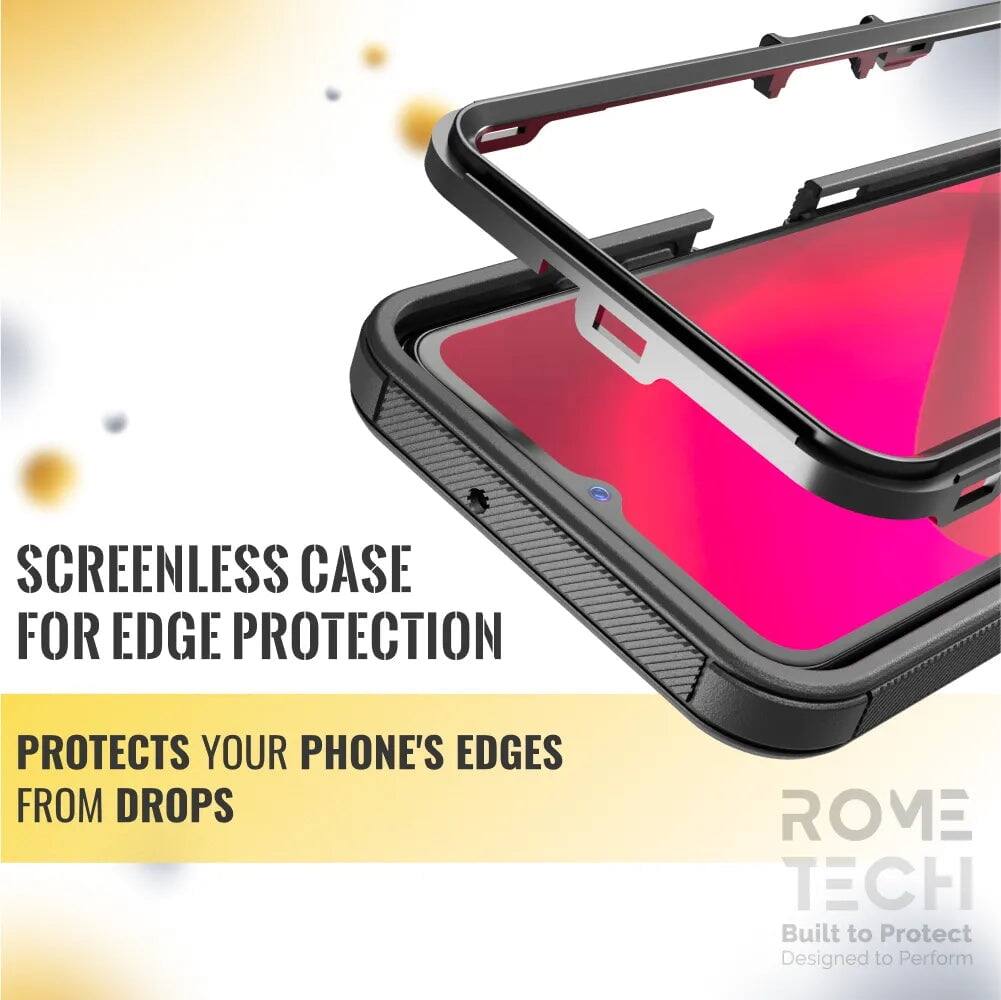 SCREENLESS CASE FOR EDGE PROTECTION  
PROTECTS YOUR PHONE'S EDGES FROM DROPS  

ROME TECH  
Built to Protect  
Designed to Perform