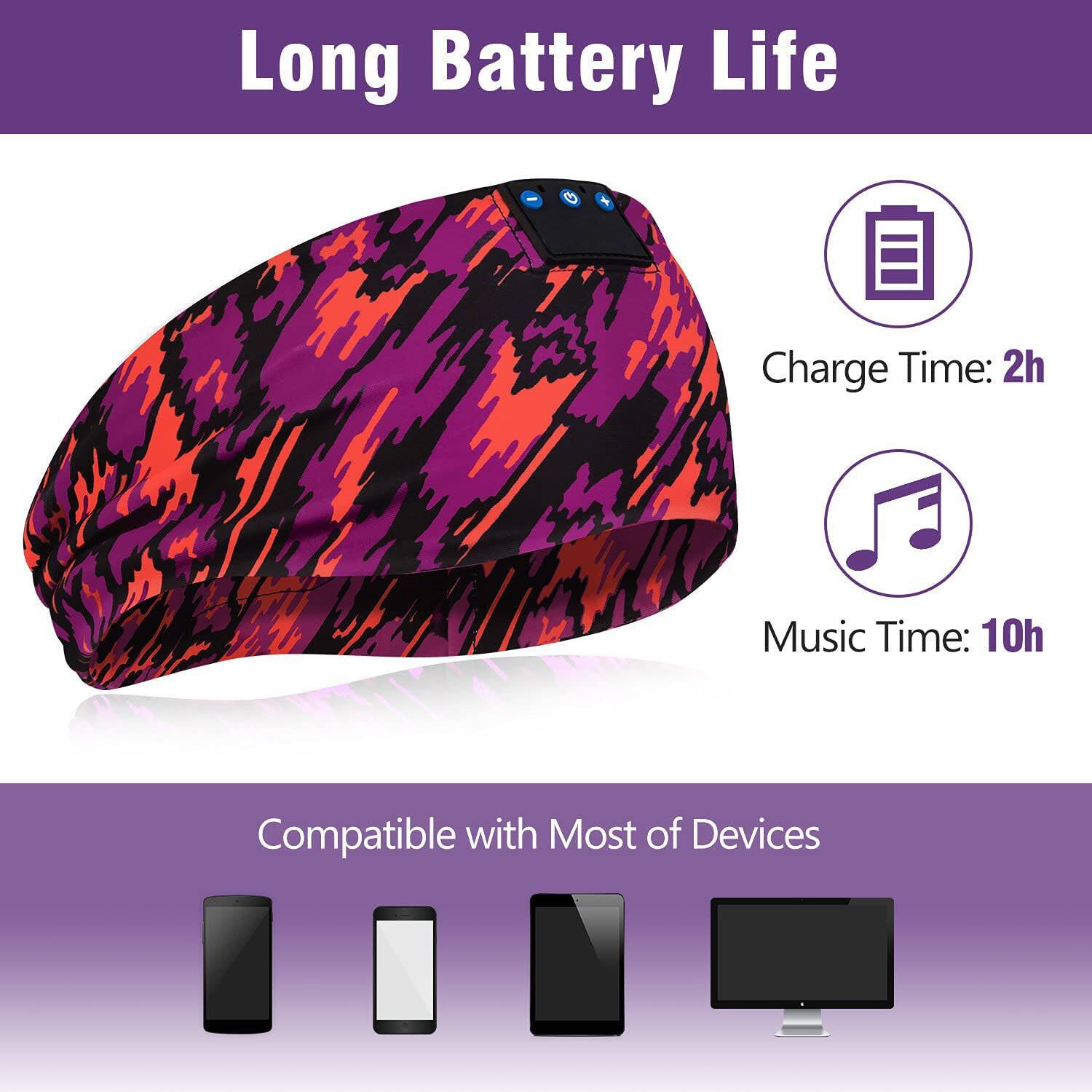 Long Battery Life  
Charge Time: 2h  
Music Time: 10h  

Compatible with Most of Devices