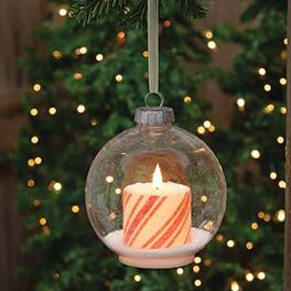 BreeBe - 6" Bulb Ornament w/Candy Cane LED Candle - Clear, Red, White