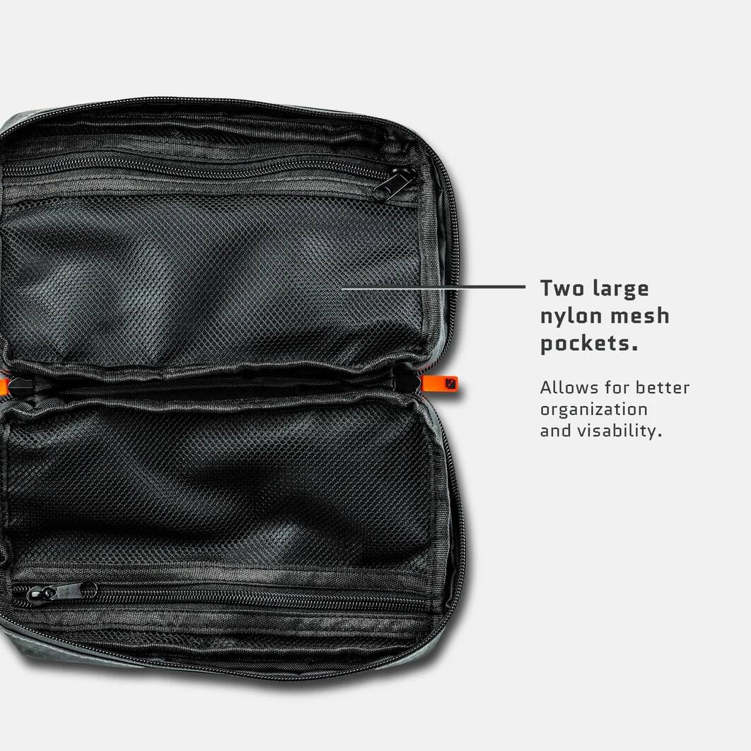 Two large nylon mesh pockets. Allows for better organization and visibility.