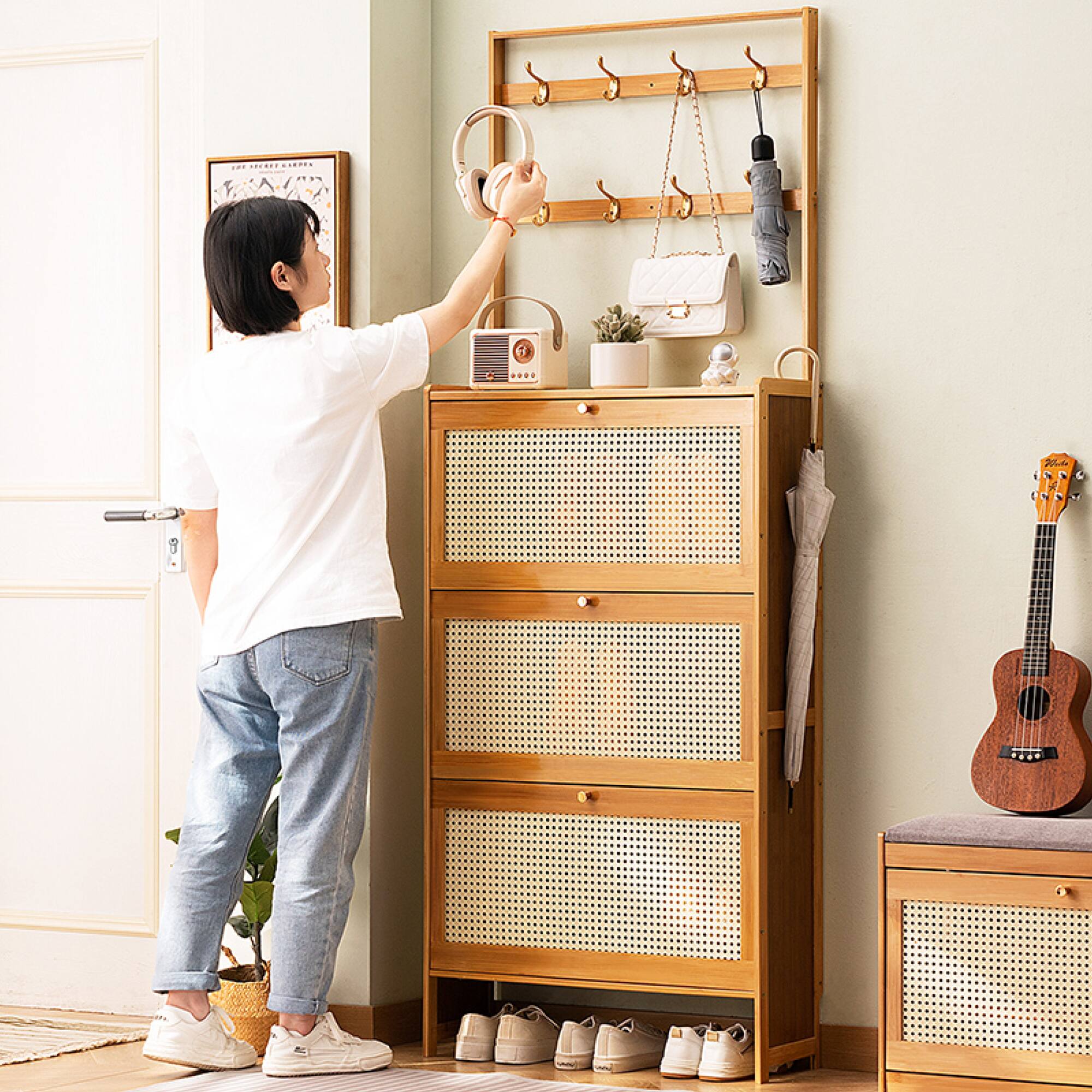 Alt View 9. GOODSILO - Freestanding Bamboo Shoe Storage Cabinet with Rattan Flip Drawers and Coat Hooks for Entryway Organization - Natural.
