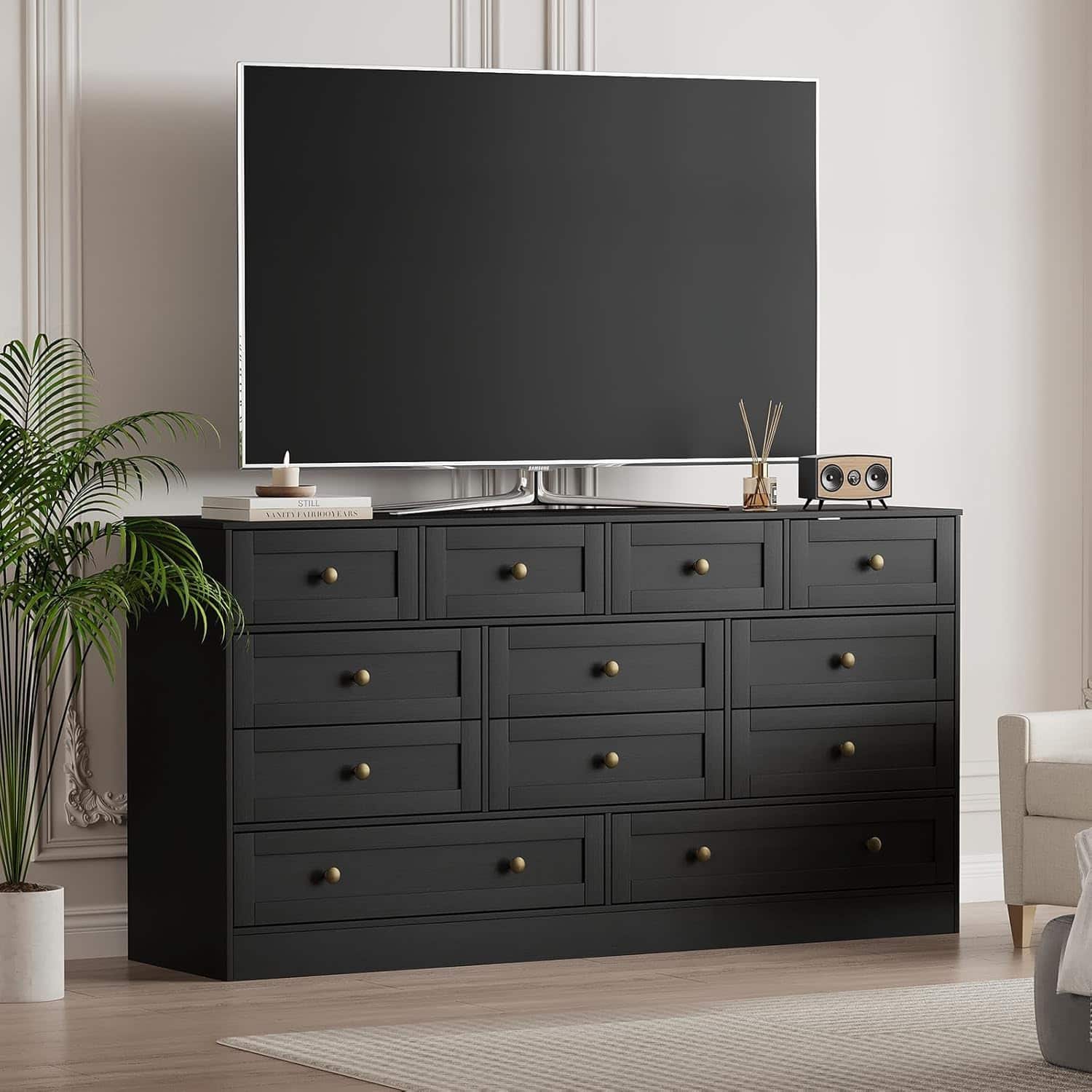 Acekool - 12 Drawer Wood Dresser for Bedroom Wide Storage Chest and TV Stand for 65 Inch TV - ‎Black