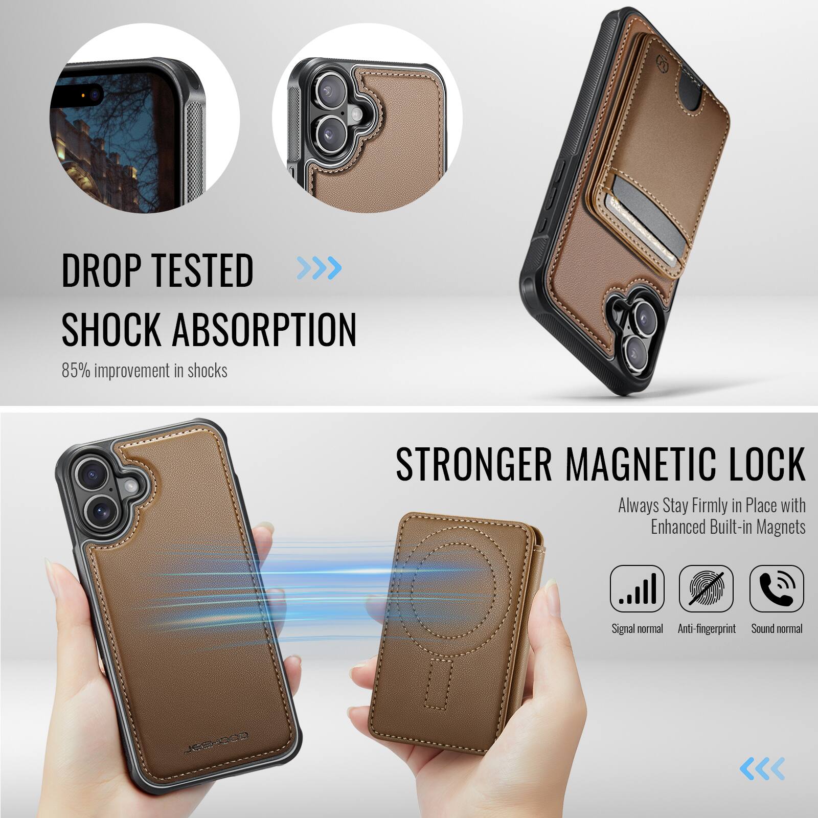 DROP TESTED  
SHOCK ABSORPTION  
85% improvement in shocks  

STRONGER MAGNETIC LOCK  
Always Stay Firmly in Place with Enhanced Built-in Magnets  

Signal normal  
Anti-fingerprint  
Sound normal