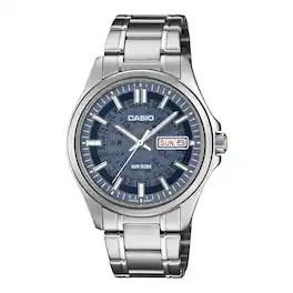 Casio - Men's Blue Dial Stainless Steel Day Date Wristwatch - MTP-E740-2A1VDF - Silver