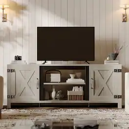 Bestier - 60.7" Farmhouse Media Console with Sliding Barn Doors & Fluted Details, Rustic TV Stand for 65" TVs - Vintage Gray White