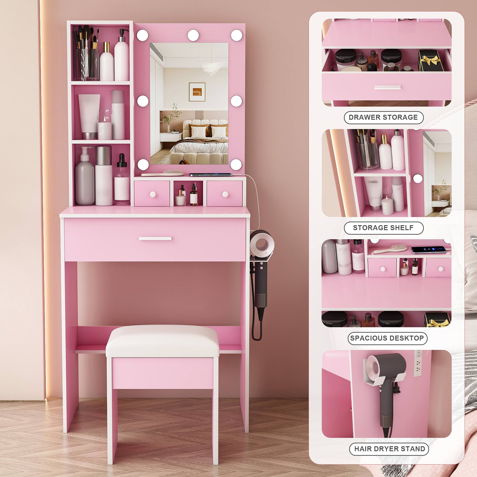 MERAVOM Makeup Vanity Desk with Mirror and Lights, Vanity Table Set ...