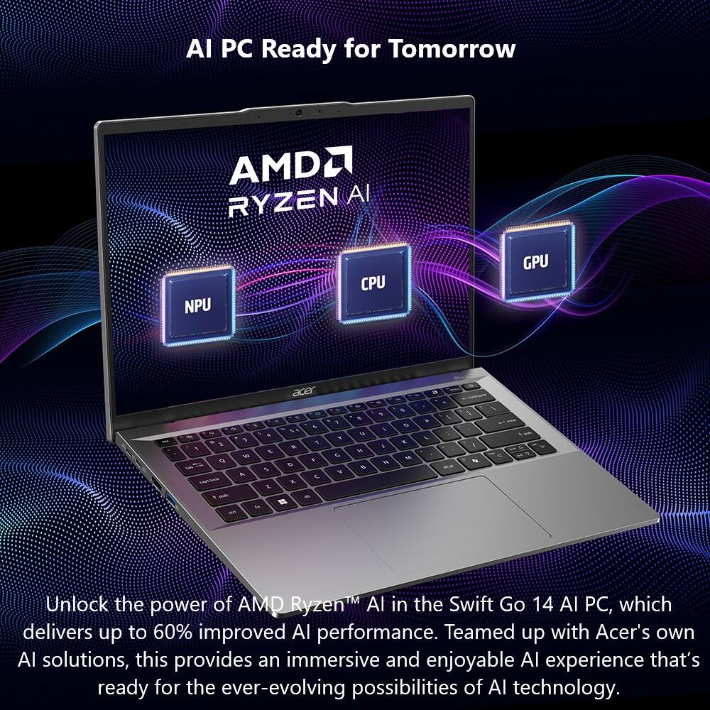 AI PC Ready for Tomorrow AMD Ryzen AI NPU CPU GPU - acer - 5 & - 2 r 4  E W a  4T D S A  c * 1  S - B I MA -   & - ~ % 1 f %  4 I s 5  K M i  I T & t - 1 1 - I 4 - Unlock the power of AMD Ryzen AI in the Swift Go 14 AI PC, which delivers up to 60% improved AI performance. Teamed up with Acer's own AI solutions, this provides an immersive and enjoyable AI experience that's ready for the ever-evolving possibilities of AI technology.
