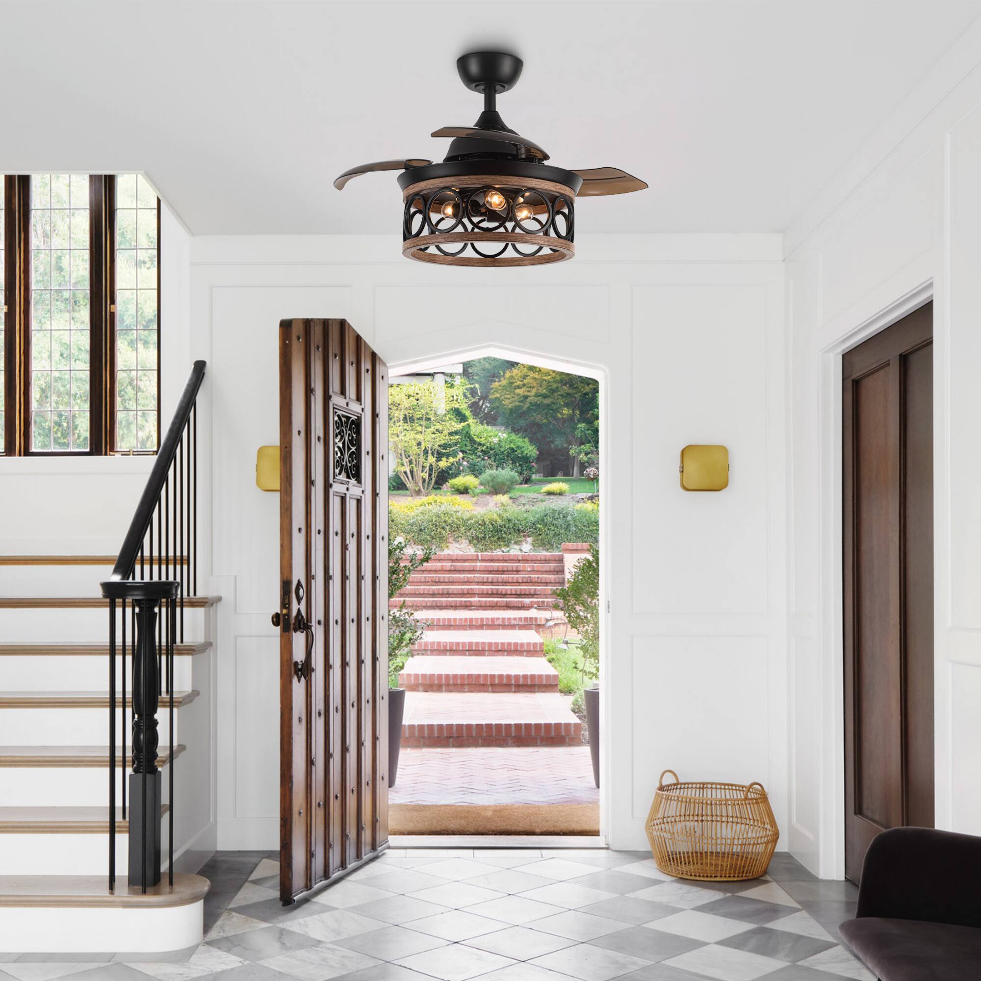 Left. Parrot Uncle - 36" Metal Retractable 3-Blade Ceiling Fan Chandelier with Wall Switch - Matte Black.