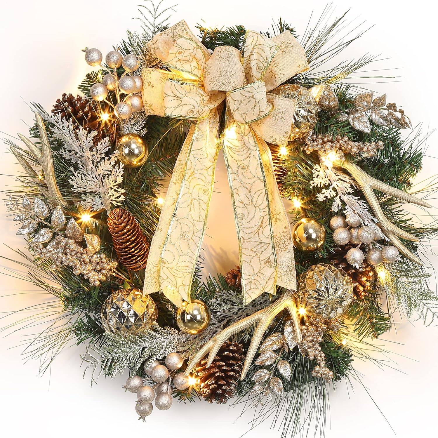 Front. GARVEE - 24 Inch Pre-Lit Christmas Wreath with 20 LED Lights, Gold Ball Ornaments, Bows & Antlers, for Front Door Home Decoration - Green.