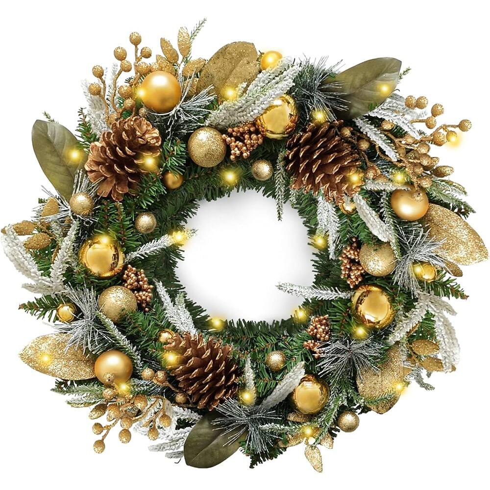 Front. Schertz - Pre-Lit Christmas Wreath w/ 30 LED Lights, Battery Operated, Outdoor - Wreaths-gold.