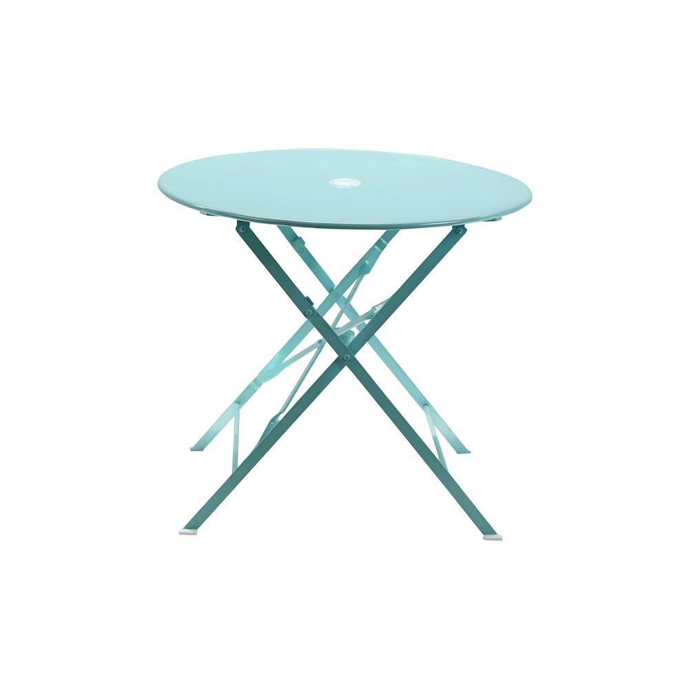 Angle. Carolina Chair & Table - Bistro 30" Round Folding Outdoor Table - Umbrella Hole - Teal - Blue.