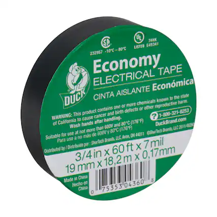 Economy Electrical Tape
Cinta Aislante Económica
UL 74HK SA LISTED E49341 10C - 80C 232957
WARNING: This product contains one or more chemicals known to the state of California to cause cancer and birth defects or other reproductive harm. Wash hands after handling.
Suitable for use at not more than 600V and 80°C (176°F)
Distributed by: ShurTech Brands, LLC, Avon, OH 44011
Distribuido por: ShurTech Brands, LLC
3/4 in x 60 ft x 7 mil
19 mm x 18.2 m x 0.17 mm
Made in China
Hecho en China
1-800-321-0253
DuckBrand.com
©ShurTech Brands, LLC 2011/46260