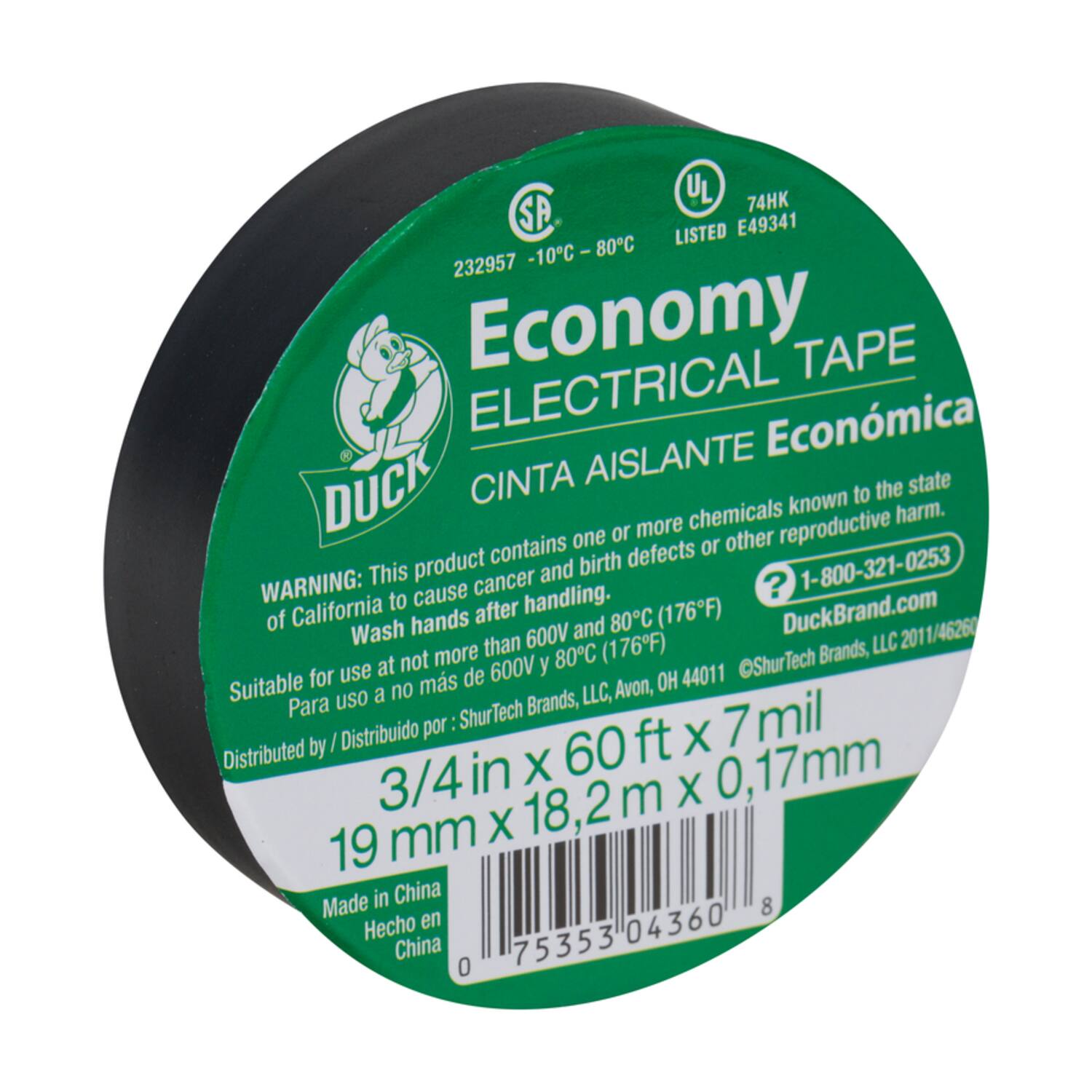 Economy Electrical Tape  
Cinta Aislante Económica  

UL 74HK SA LISTED E49341 10C - 80C 232957  

WARNING: This product contains one or more chemicals known to the state of California to cause cancer and birth defects or other reproductive harm. Wash hands after handling.  

Suitable for use at not more than 600V and 80°C (176°F)  

Distributed by: ShurTech Brands, LLC, Avon, OH 44011  
Distribuido por: ShurTech Brands, LLC  

3/4 in x 60 ft x 7 mil  
19 mm x 18.2 m x 0.17 mm  

Made in China  
Hecho en China  

1-800-321-0253  
DuckBrand.com  

©ShurTech Brands, LLC 2011/46260