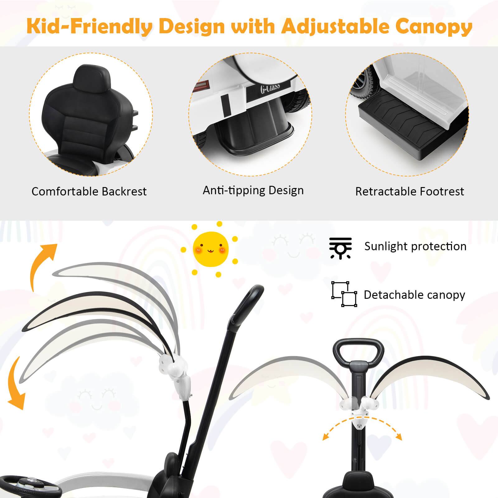 Kid-Friendly Design with Adjustable Canopy

- Comfortable Backrest
- Anti-tipping Design
- Retractable Footrest
- Sunlight protection
- Detachable canopy
