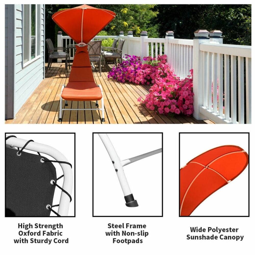 High Strength Oxford Fabric with Sturdy Cord  
Steel Frame with Non-slip Footpads  
Wide Polyester Sunshade Canopy