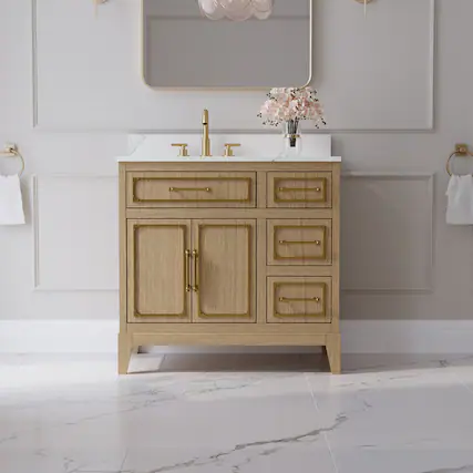 Front. WELLFOR - 36 in Luxury Solid Oak Bathroom Vanity with Sink, Bathroom Cabinet with 3 Soft-Close Drawers and 1 Flip Drawer - Oak.