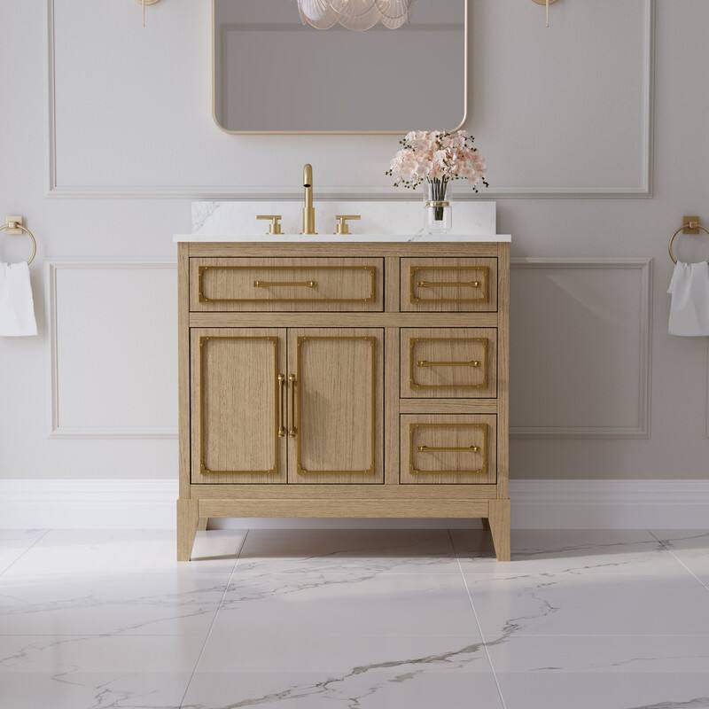 Front. WELLFOR - 36 in Luxury Solid Oak Bathroom Vanity with Sink, Bathroom Cabinet with 3 Soft-Close Drawers and 1 Flip Drawer - Oak.