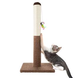 PetMaker - Cat Scratching Post with Carpeted Base 24.5-Inch Sisal Fabric Scratcher with Hanging Mouse Toy for Cats and Kittens - Brown
