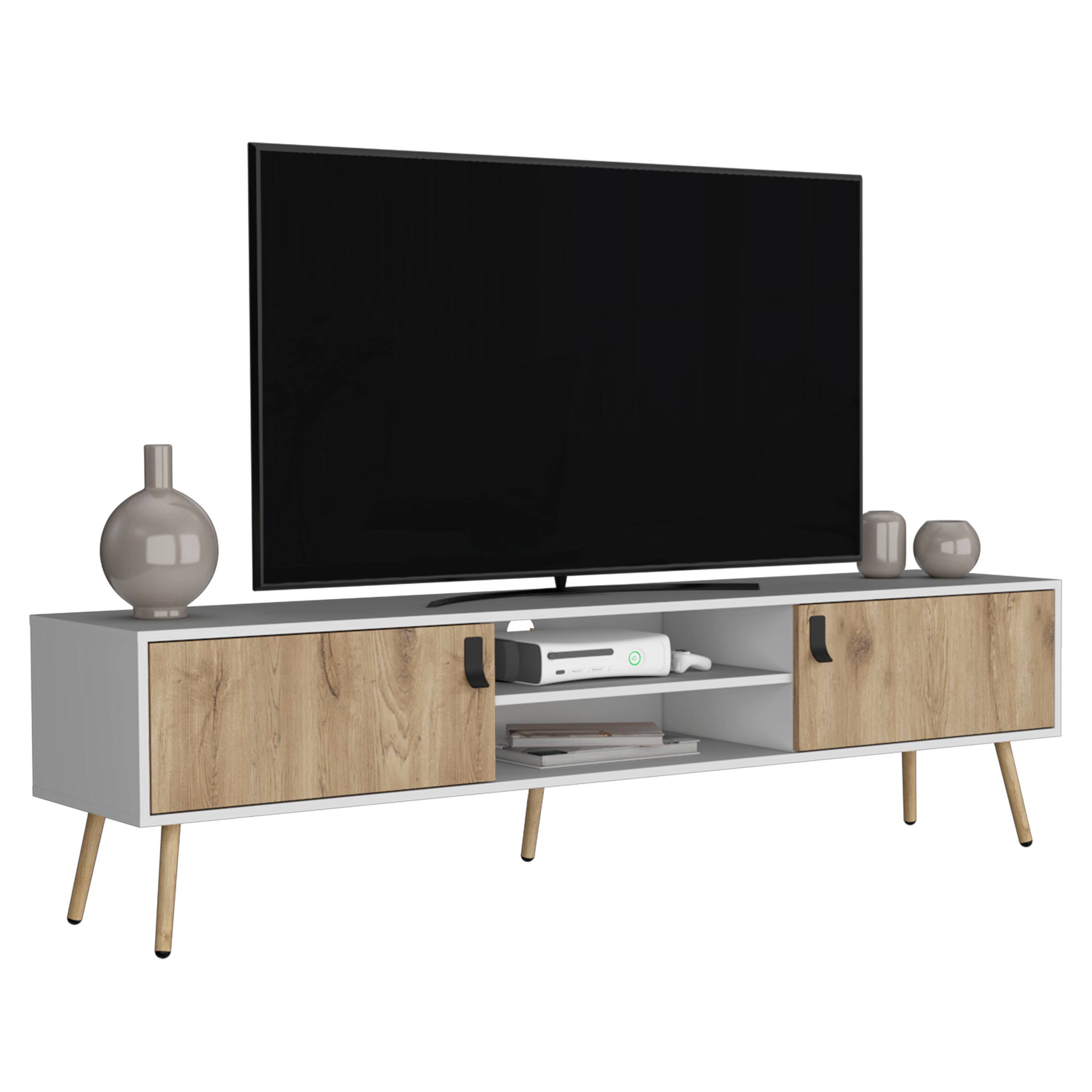 Alt View 3. Spaco - Spaco Modern TV Stand for 55 60 65 70 Inch TVs, 2 Door Cabinet with 4 Shelves, 5 Sturdy Legs, for Living Room - White+Walnut.