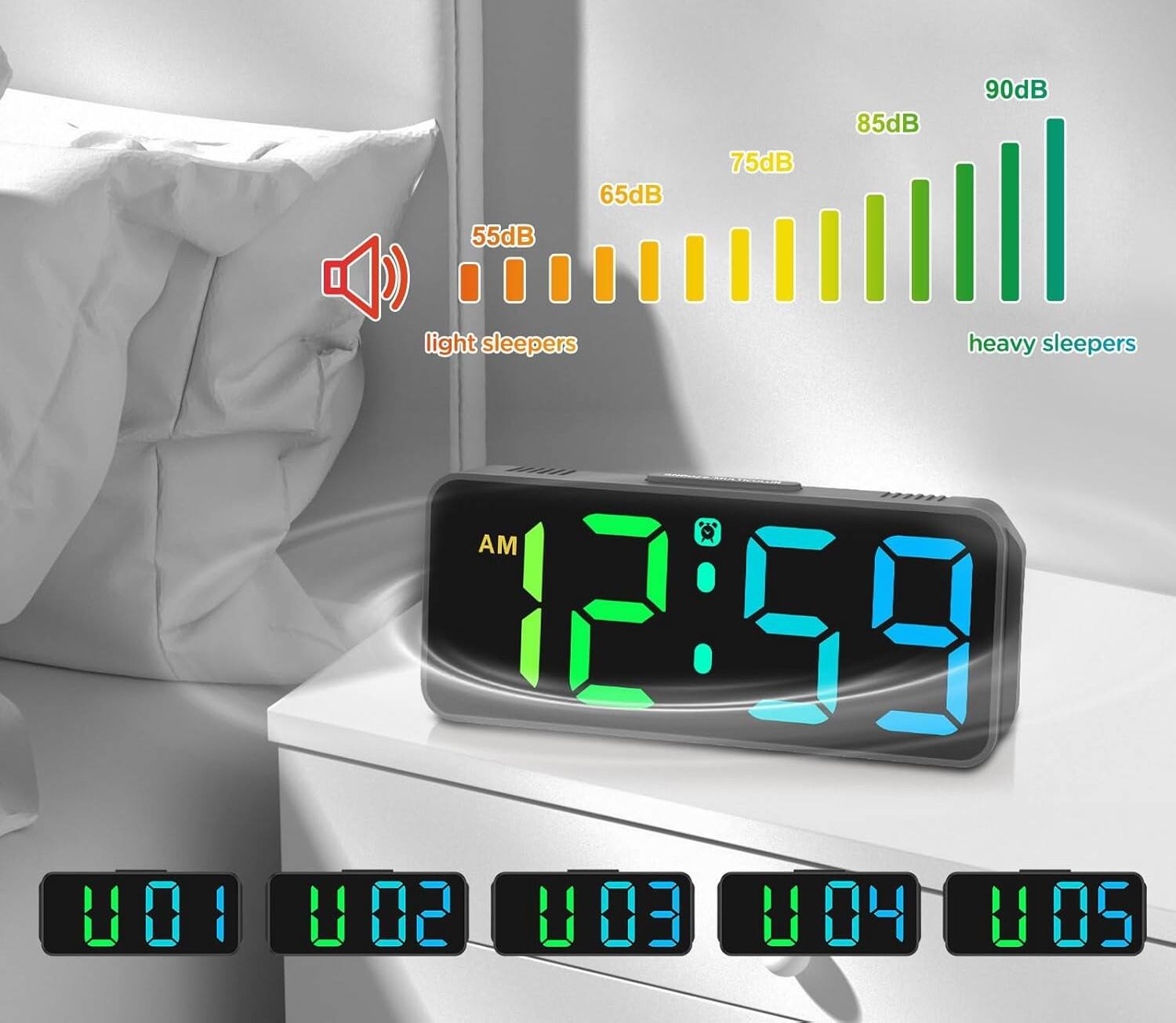 55dB 65dB 75dB 85dB 90dB  
light sleepers heavy sleepers  
U01 AM 12:59  
U 02 03 004 U 05