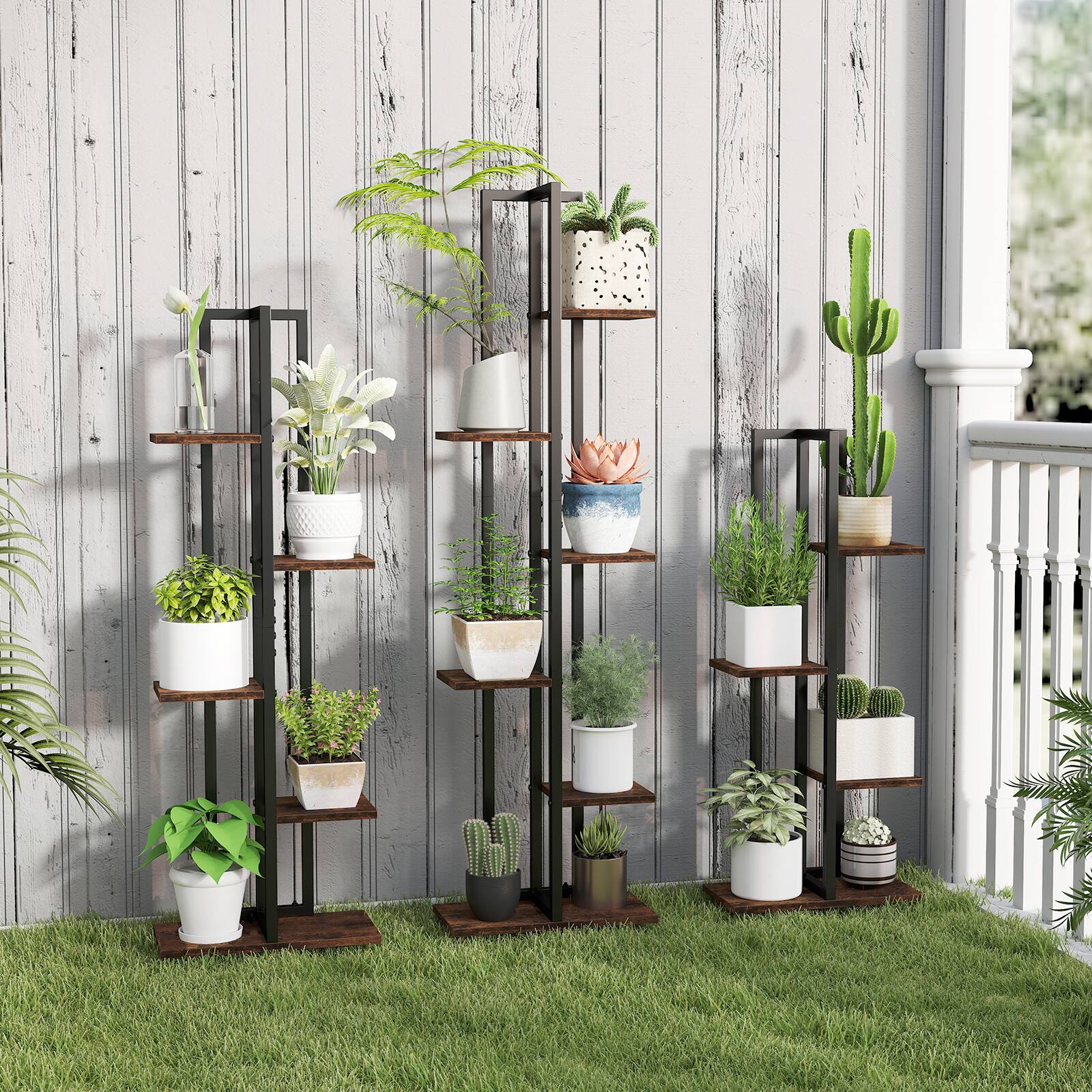 Alt View 3. Gymax - Gymax 3 PCS Plant Stand Set 4+5+6-Tier Indoor Flower Stands Multi-Tiered Plant Shelves - Black, Brown.