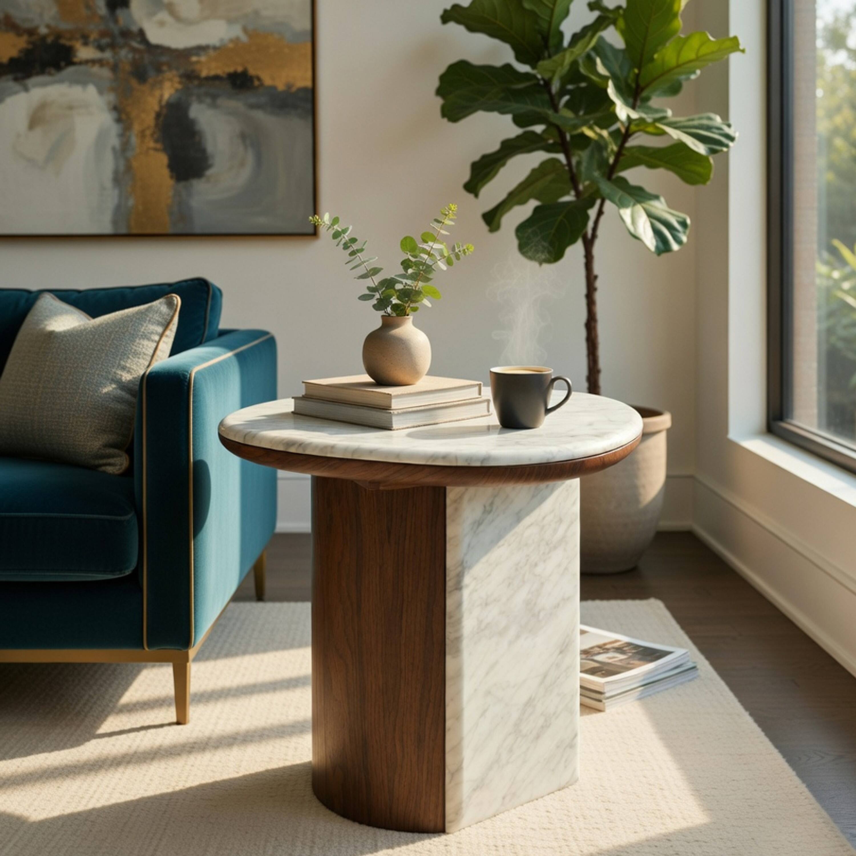 Alt View 7. Manhattan Lane - Jima Side End Table, 20 Inch White Marble Top, Brown Veneer Base - White, Gray, Brown.