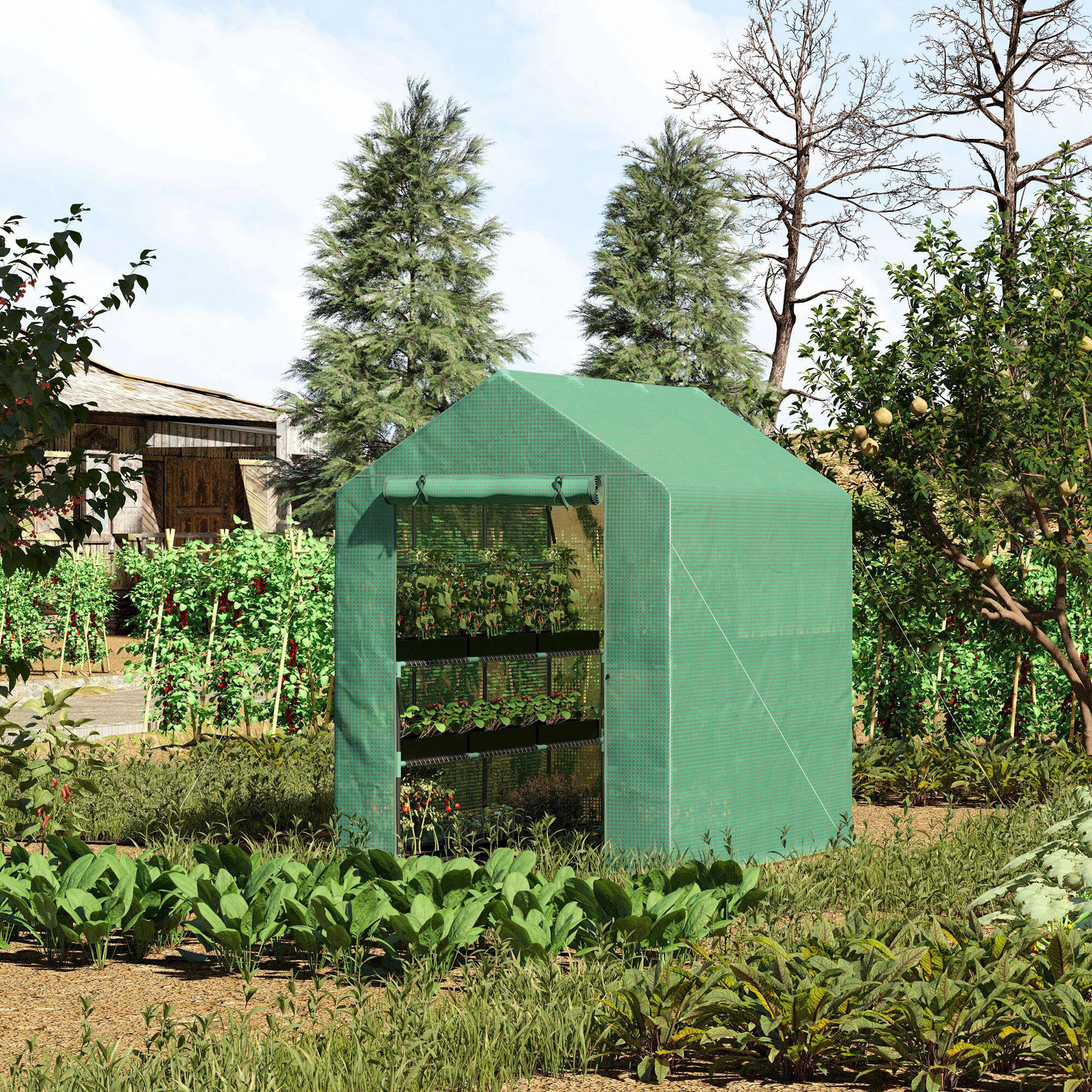 Alt View 1. Outsunny - 7' x 5' x 6' Walk-in Greenhouse for Outdoors with Mesh Door, 18 Shelf Hot House with Trellis, Plant Labels.