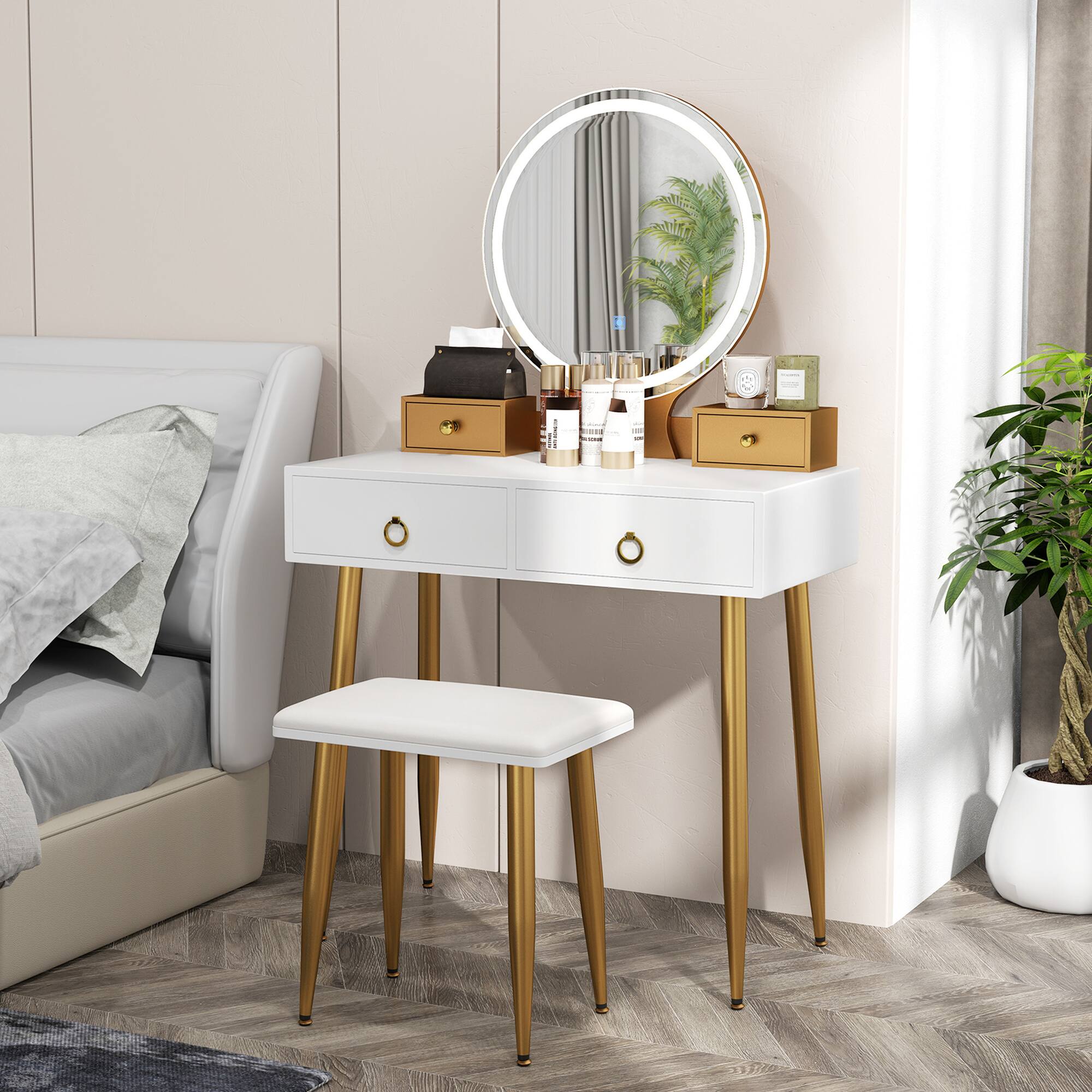 Alt View 5. Costway - Costway Vanity Makeup Dressing Table Stool Set 3-Color Lighted Mirror with Drawers - White.
