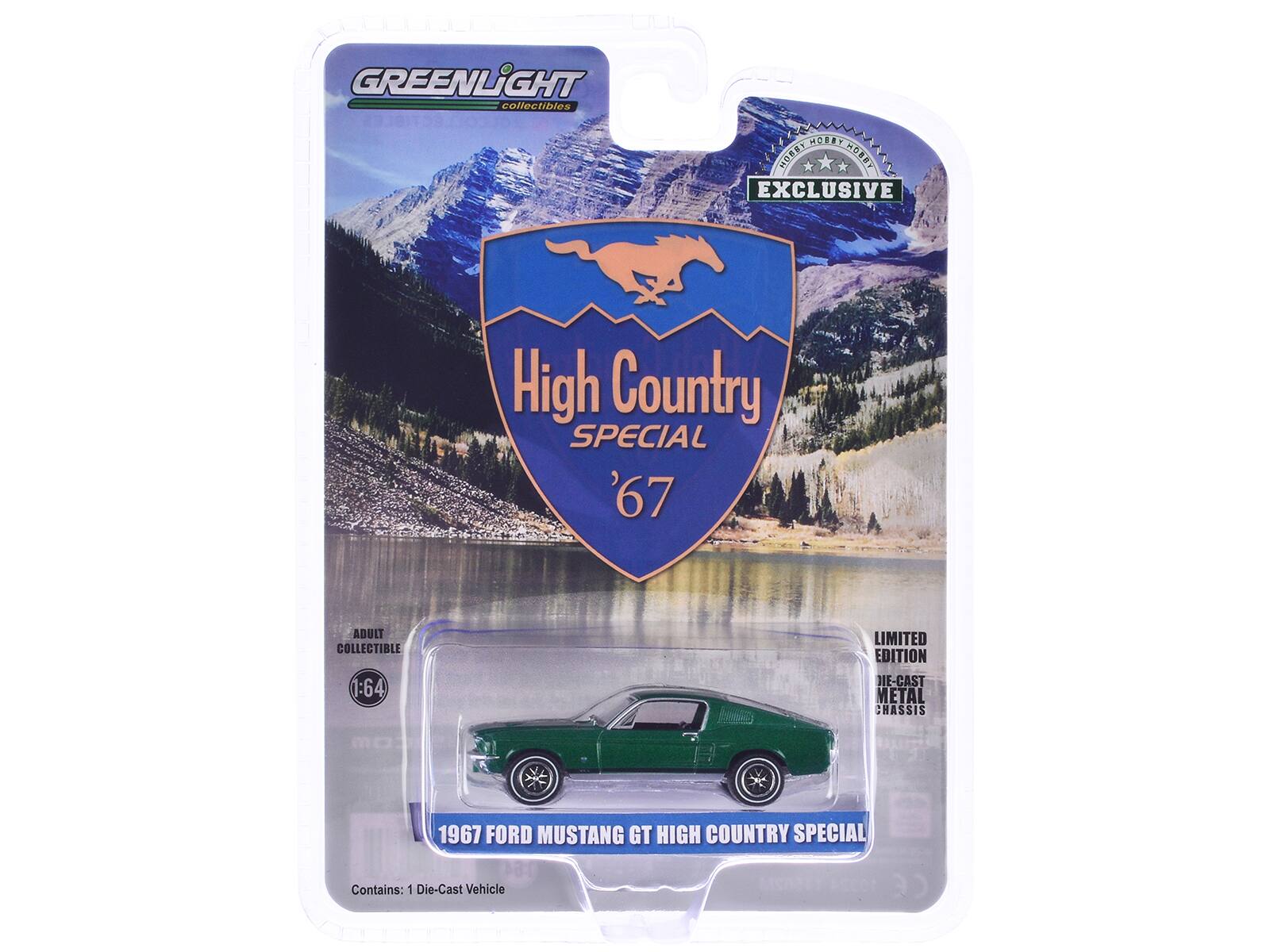 GREENLIGHT collectibles

EXCLUSIVE

High Country SPECIAL '67

1967 FORD MUSTANG GT HIGH COUNTRY SPECIAL

LIMITED EDITION DIE-CAST METAL CHASSIS

ADULT COLLECTIBLE 1:64

Contains: 1 Die-Cast Vehicle