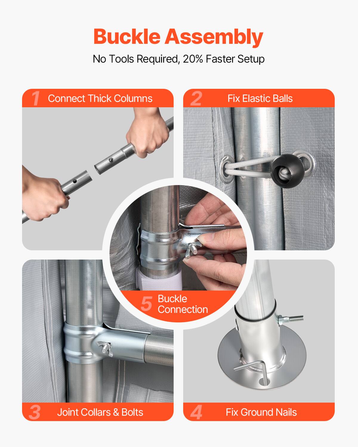 Buckle Assembly
No Tools Required, 20% Faster Setup
1. Connect Thick Columns
2. Fix Elastic Balls
3. Joint Collars & Bolts
4. Fix Ground Nails
5. Buckle Connection