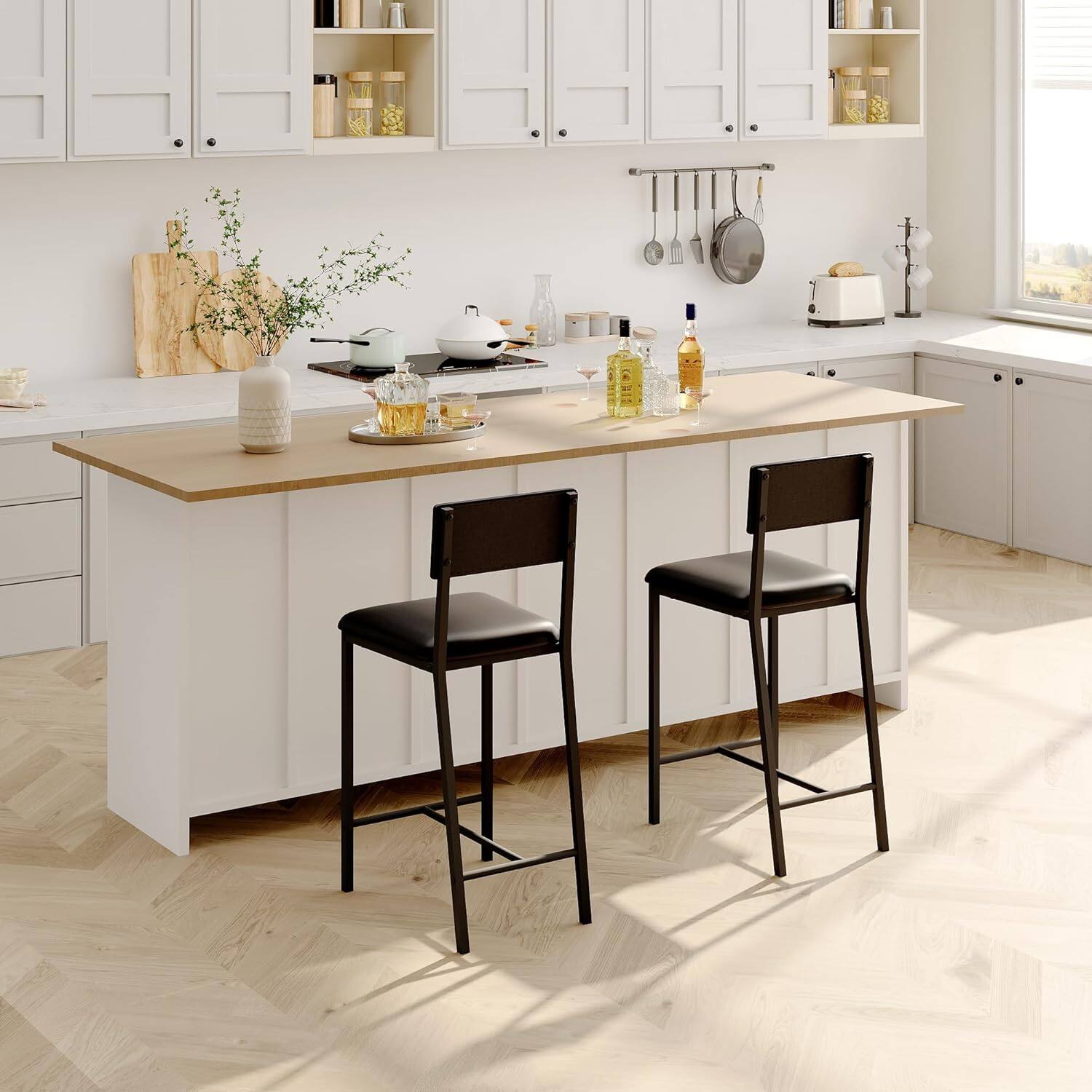 Back. GARVEE - Bar Stools, Set of 2 Dining Chairs, Kitchen Breakfast Chairs with Upholstered, 26" Tall Counter Bar Stools, Black - Black.