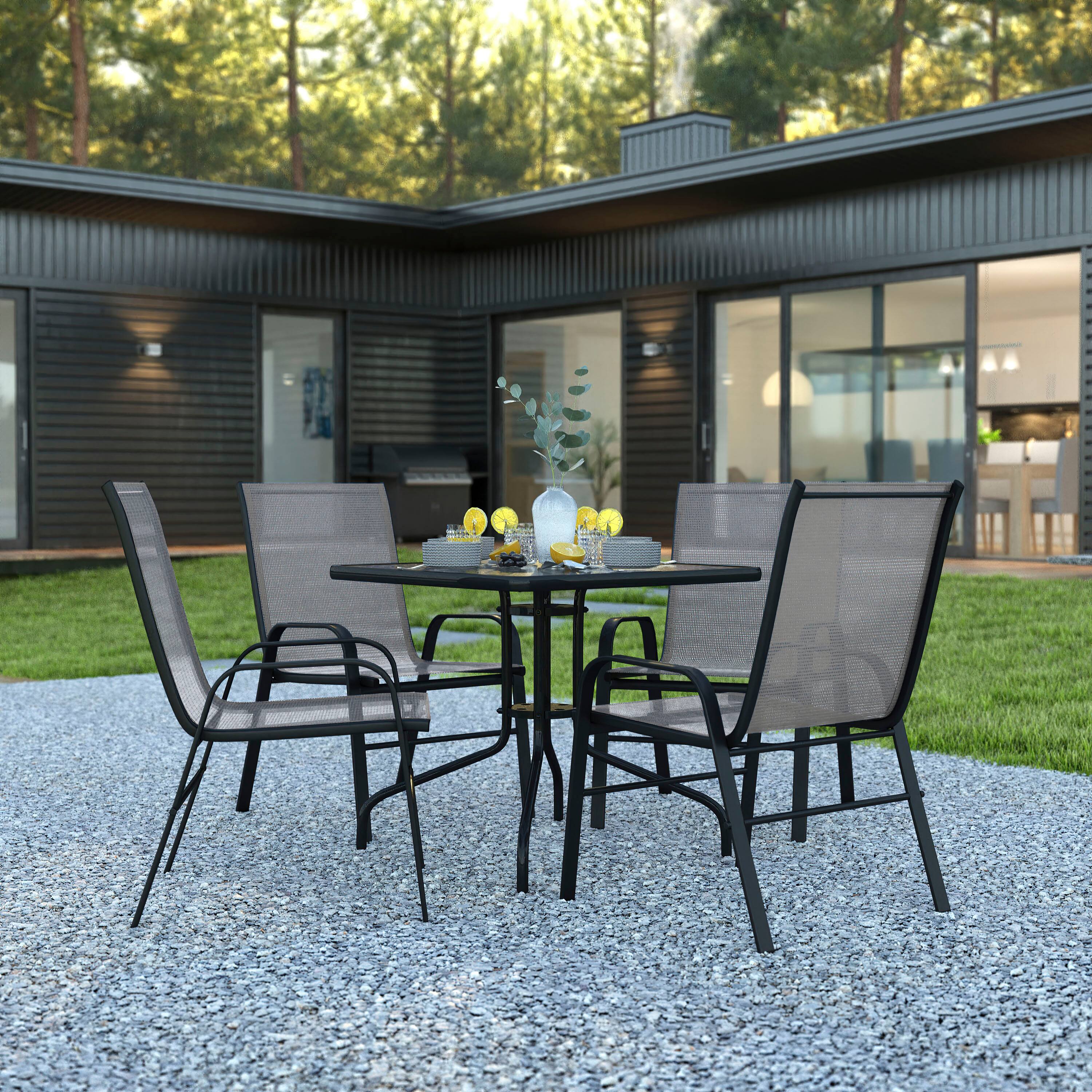 Alt View 1. Emma + Oliver - Five Piece Patio Dining Set - Square Table with Powder Coated Frame and Tempered Glass Top & 4 Flex Comfort Stack Chairs - Gray.