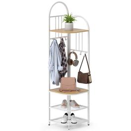 Costway - 4-Tier Coat Rack Corner Hall Tree with Shoe Storage Bench 6 Removable Hooks Bedroom - Natural