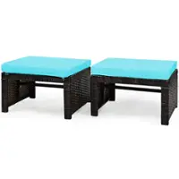 Costway - 2PCS Patio Rattan Ottoman Cushioned Seat Foot Rest Furniture - Turquoise + Mix brown - Front_Zoom