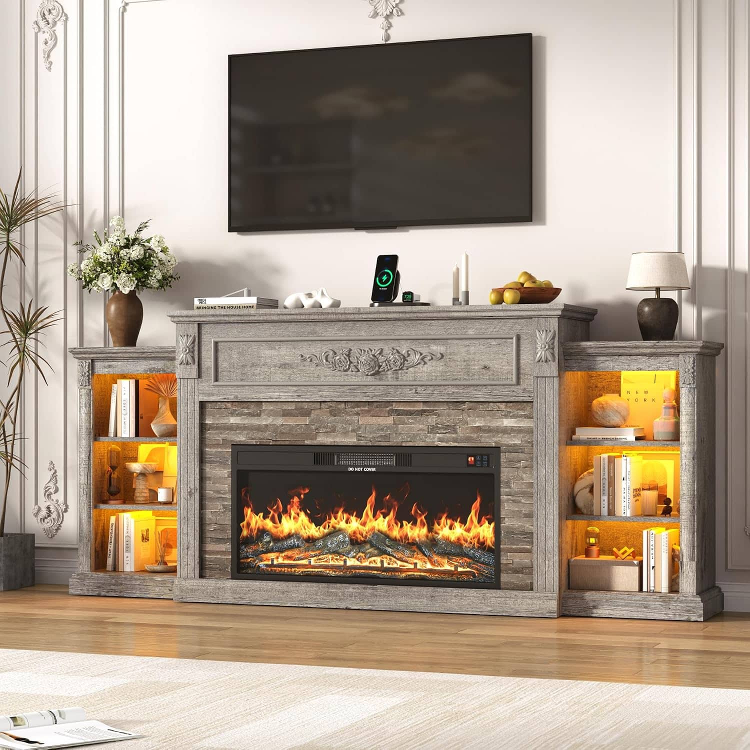 "Espafurni - 85"" Electric Fireplace TV Stand, Farmhouse Style w/ Charging Station & LED - Light Oak" price history on PriceWatchPro